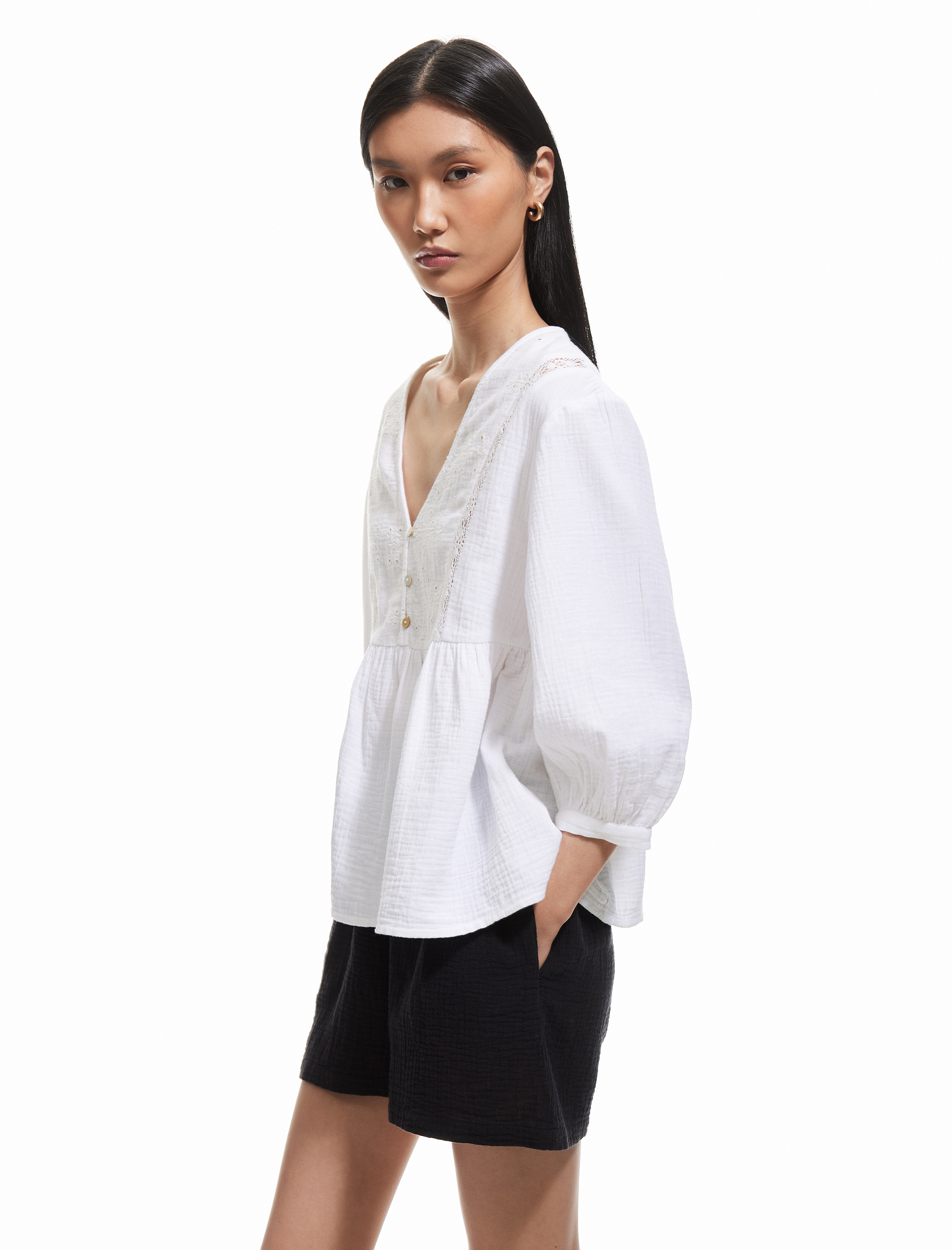   Lastikli Yüksek Bel Cepli Pamuklu Mini Müslin Şort