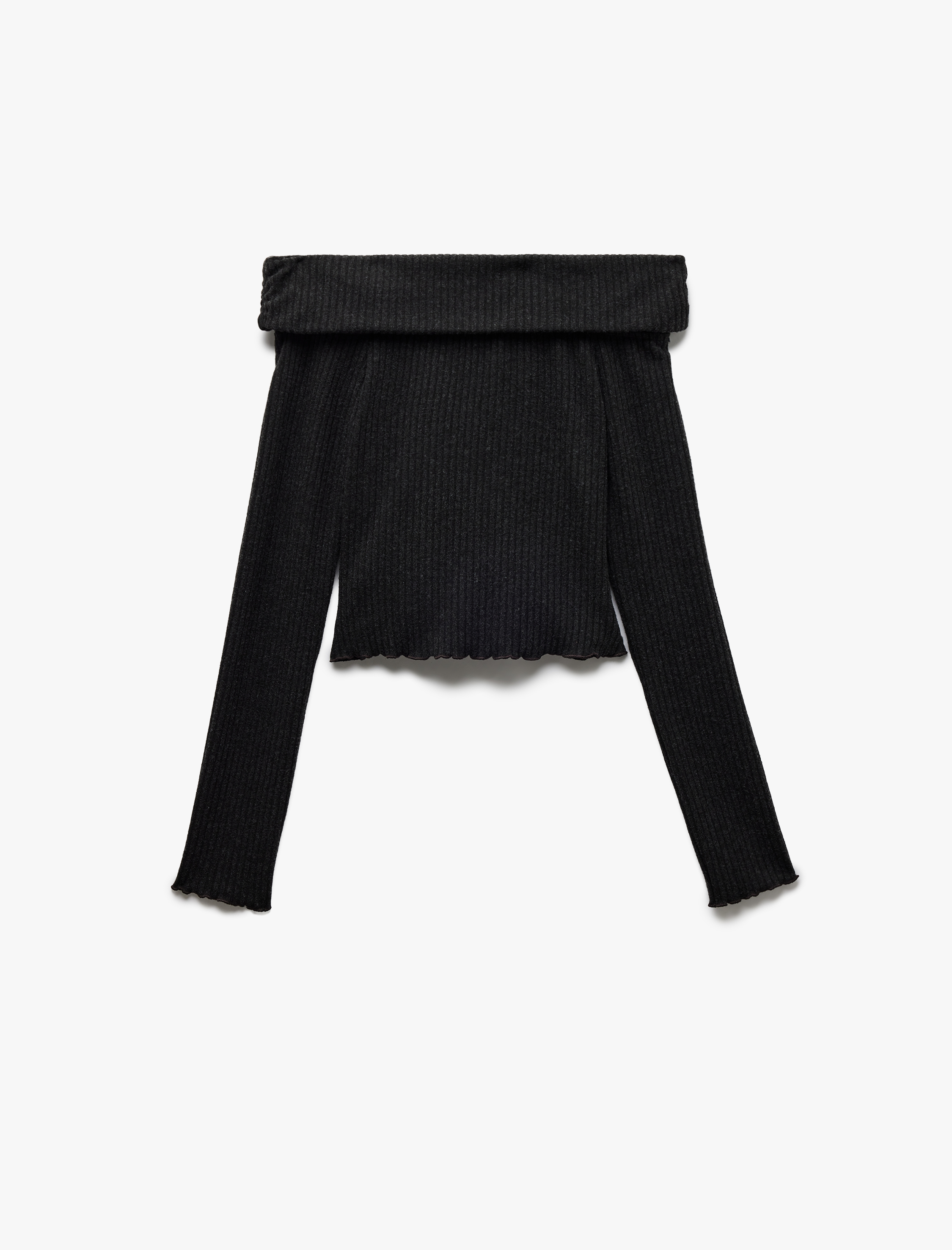   Omzu Açık Slim Fit Viskon Karışımlı Kaşkorse Uzun Kollu Tişört