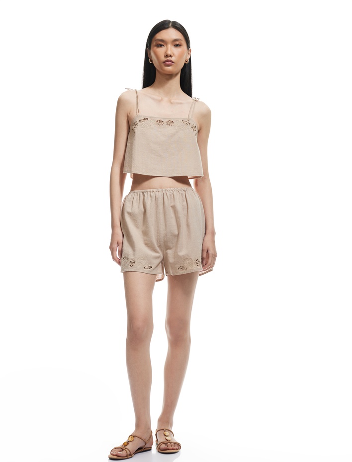  Pamuklu Yüksek Bel Fistolu Brodeli Mini Şort