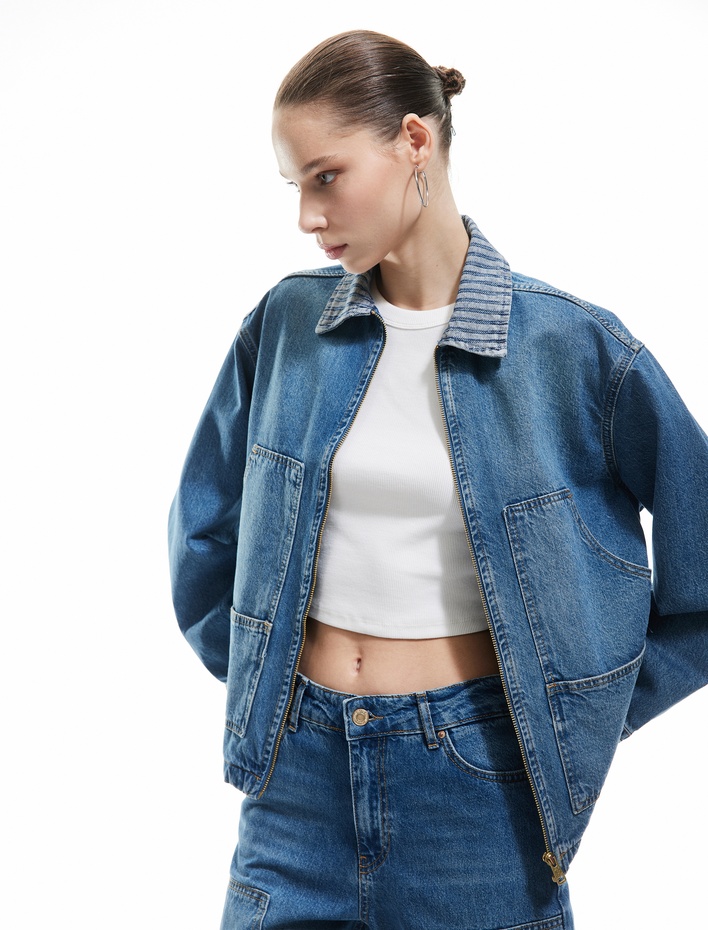  Klasik Yaka Pamuklu Fermuarlı Cep Detaylı Oversize Denim Ceket