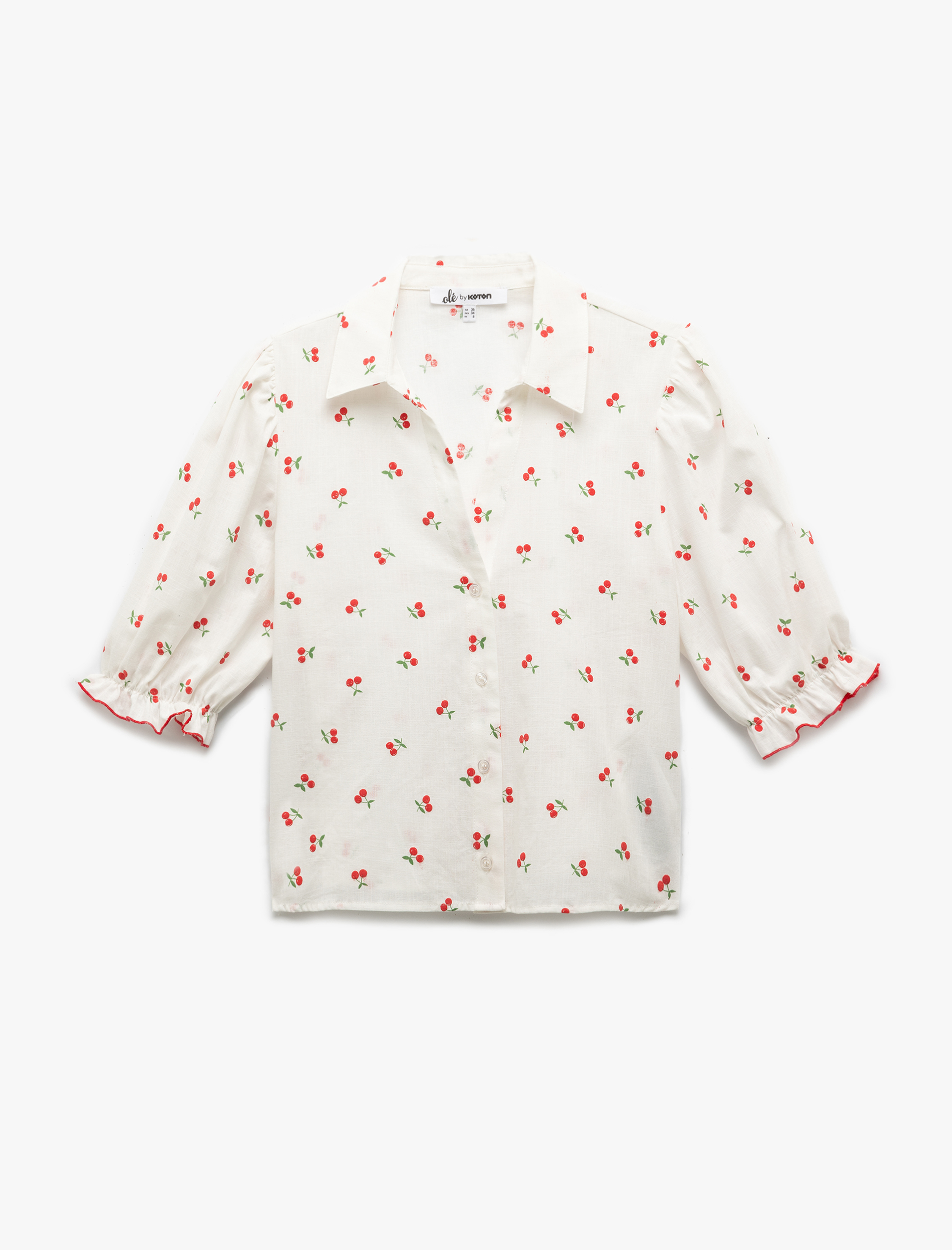   Düğmeli Kiraz Detaylı Kısa Balon Kollu Gömlek