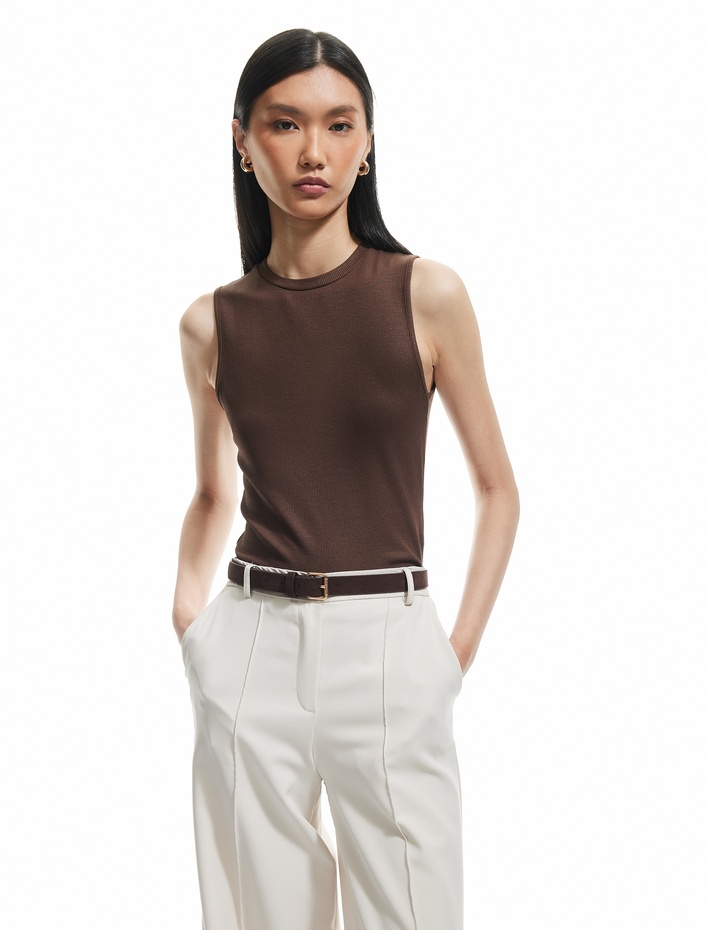  Slim Fit Viskon Kumaş Bisiklet Yaka Fitilli Kolsuz Tişört