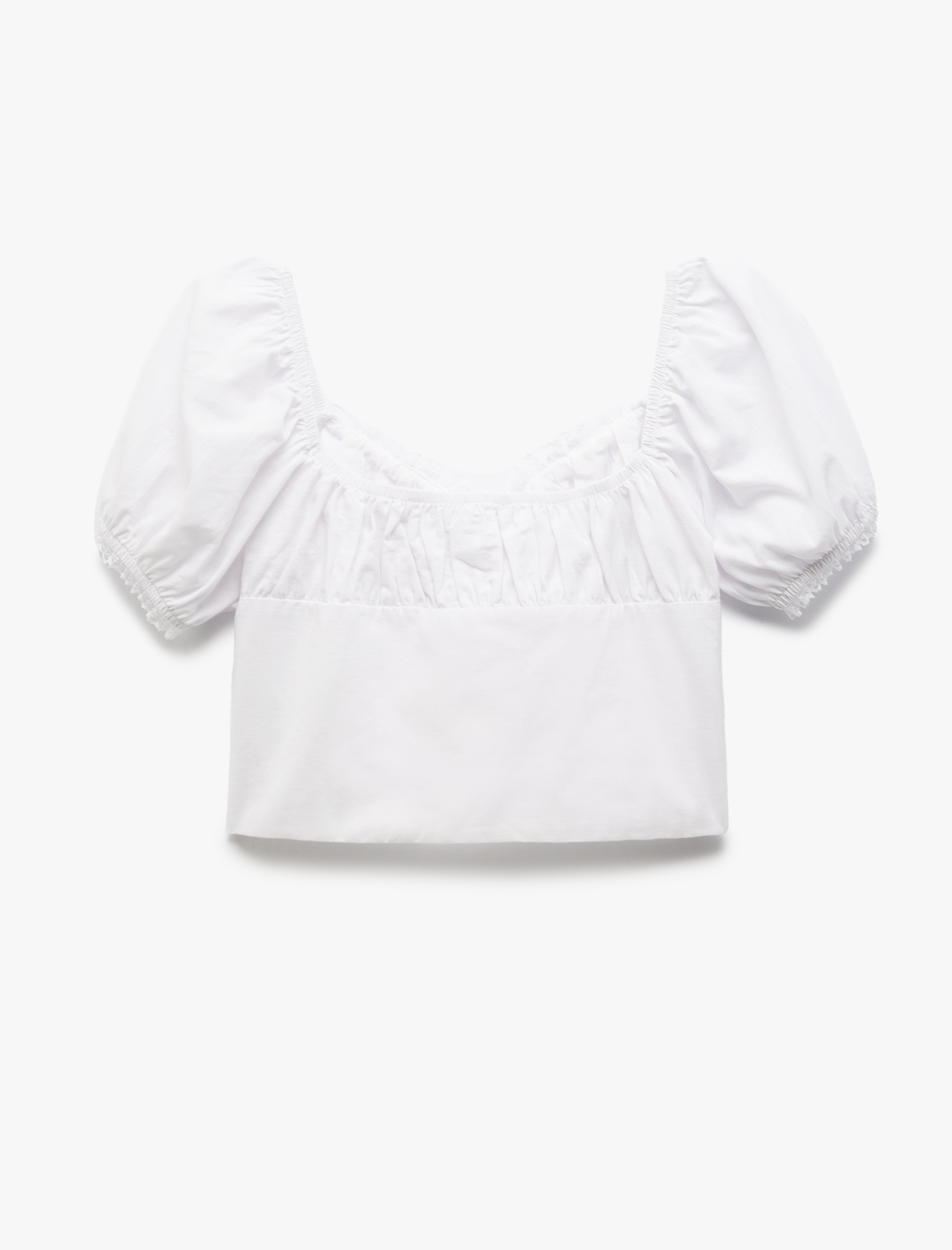   Dar Kesim Dantel Detaylı Kalp Yaka Kısa Balon Kollu Crop Bluz