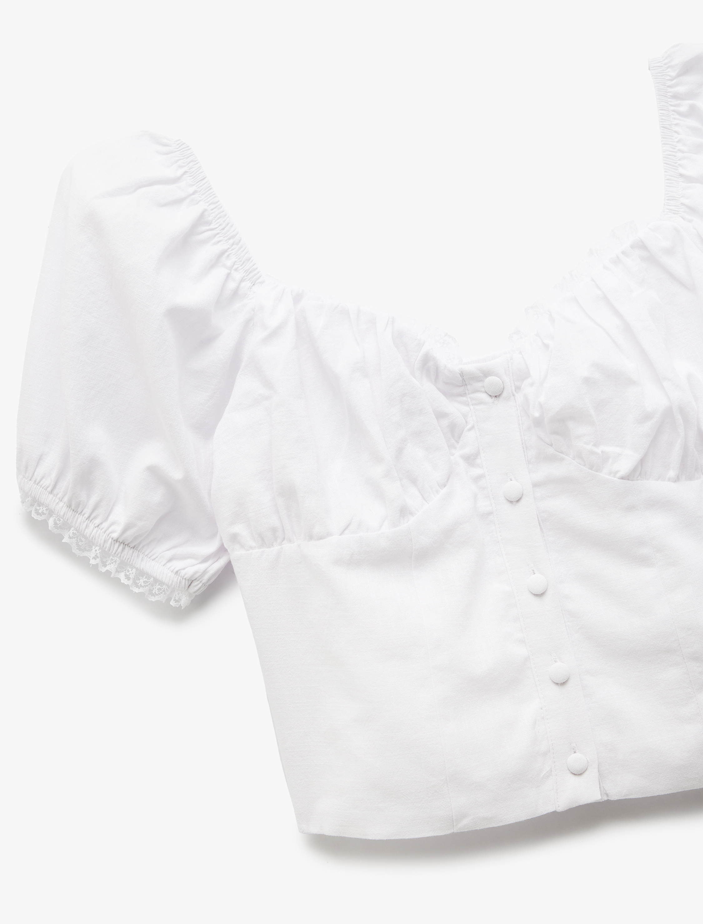   Dar Kesim Dantel Detaylı Kalp Yaka Kısa Balon Kollu Crop Bluz