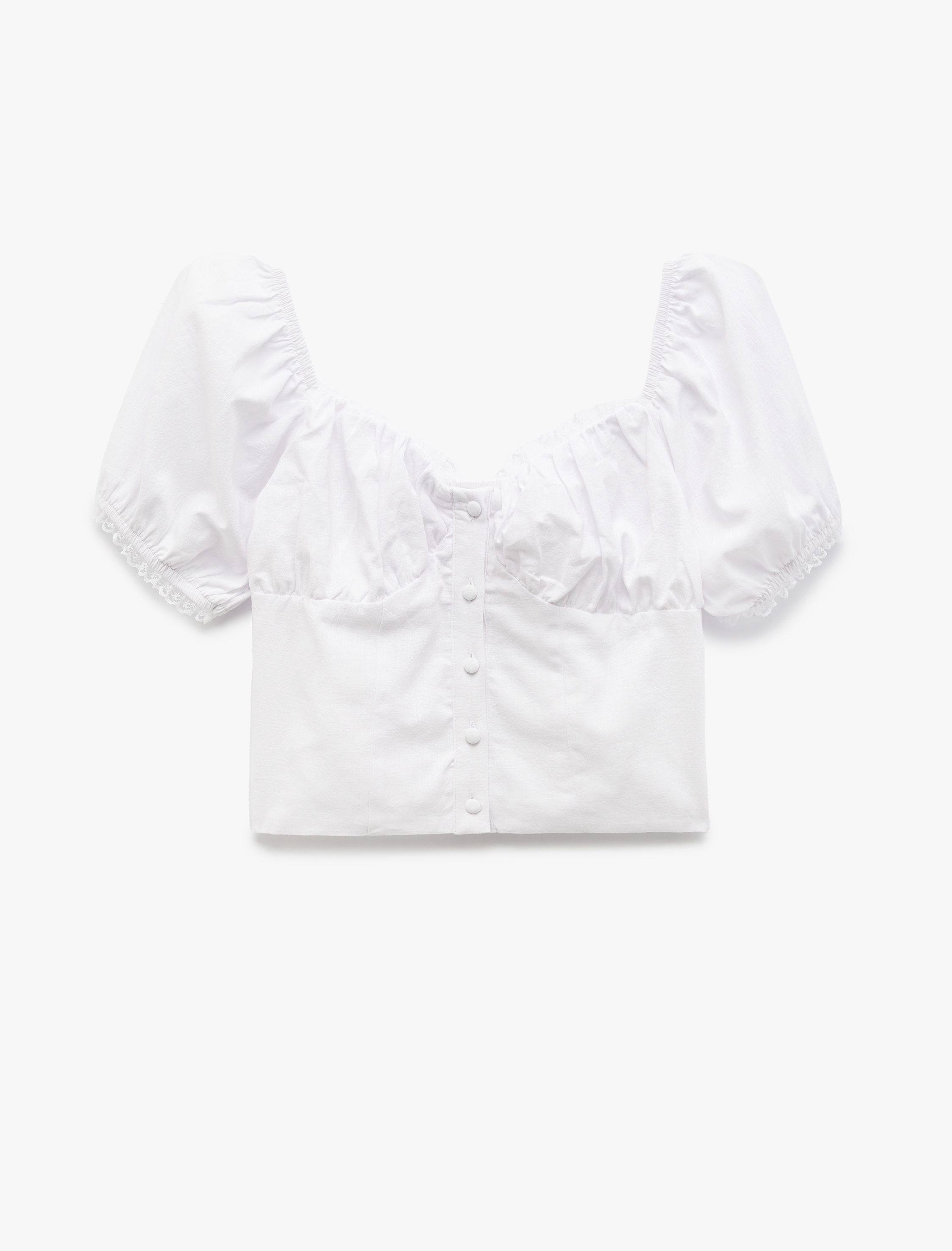   Dar Kesim Dantel Detaylı Kalp Yaka Kısa Balon Kollu Crop Bluz