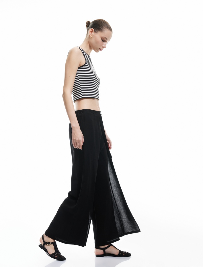  Keten Karışımlı Nervürlü Kemer Detaylı Geniş Paça Pantolon