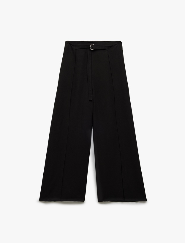 Keten Karışımlı Nervürlü Kemer Detaylı Geniş Paça Pantolon_2