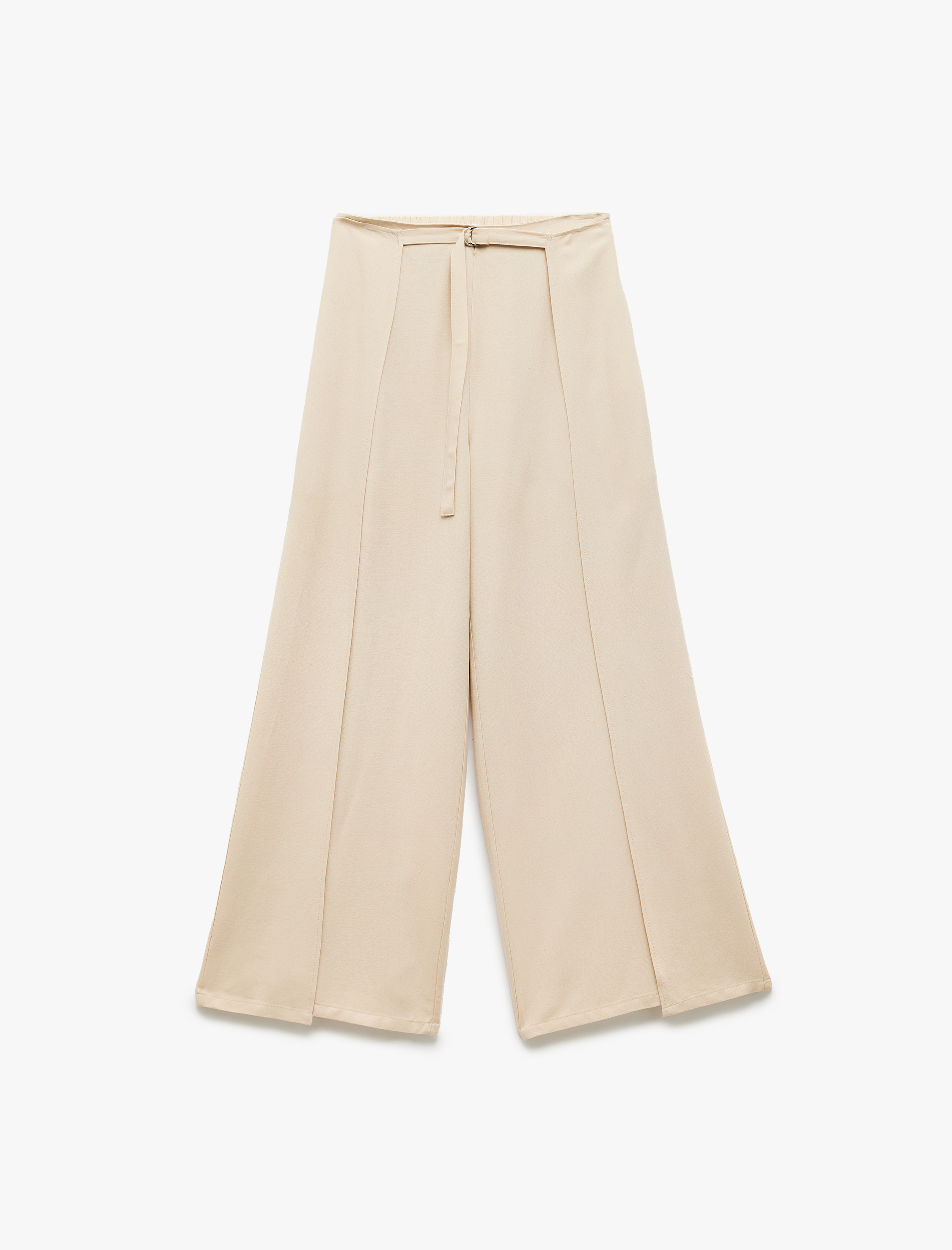   Viskon Kemer Detaylı Yırtmaçlı Nervürlü Geniş Paça Pantolon