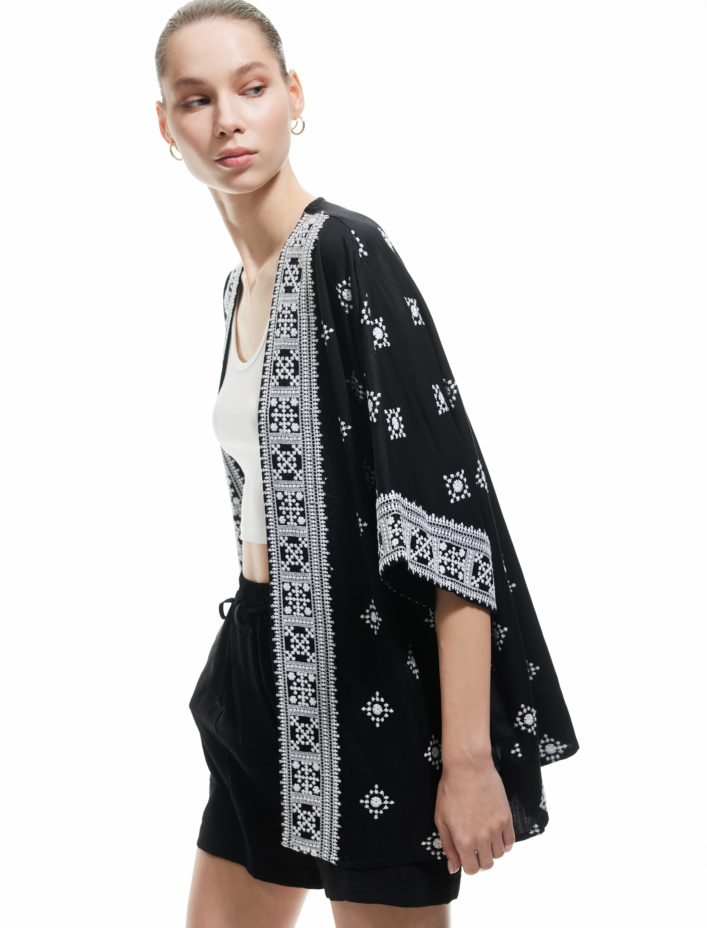   Viskon Yarım Kollu Etnik Kimono