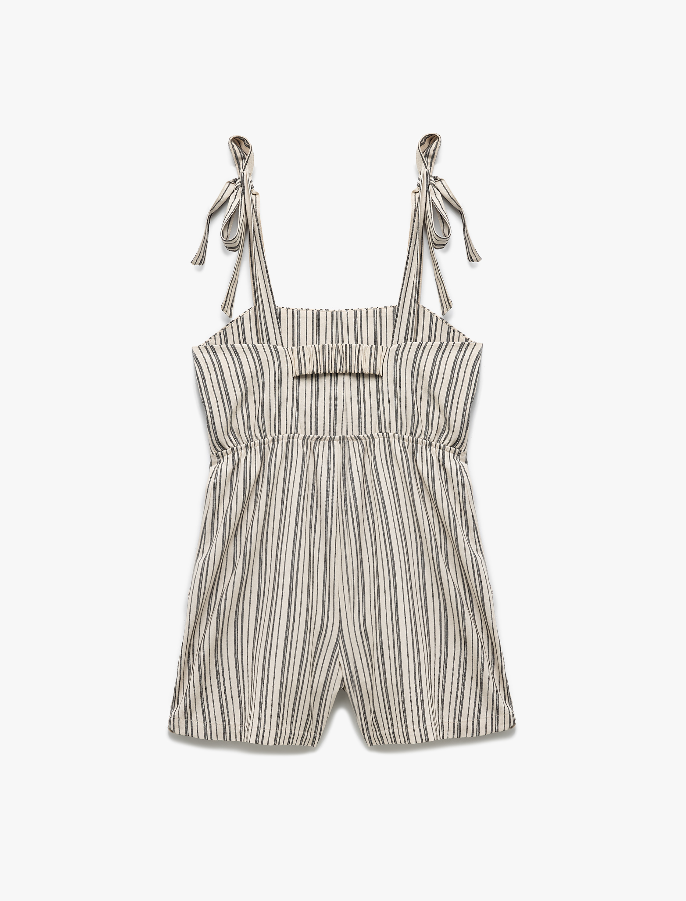   Viskon Karışımlı Sırt Detaylı Cepli Çizgili Mini Salopet Tulum