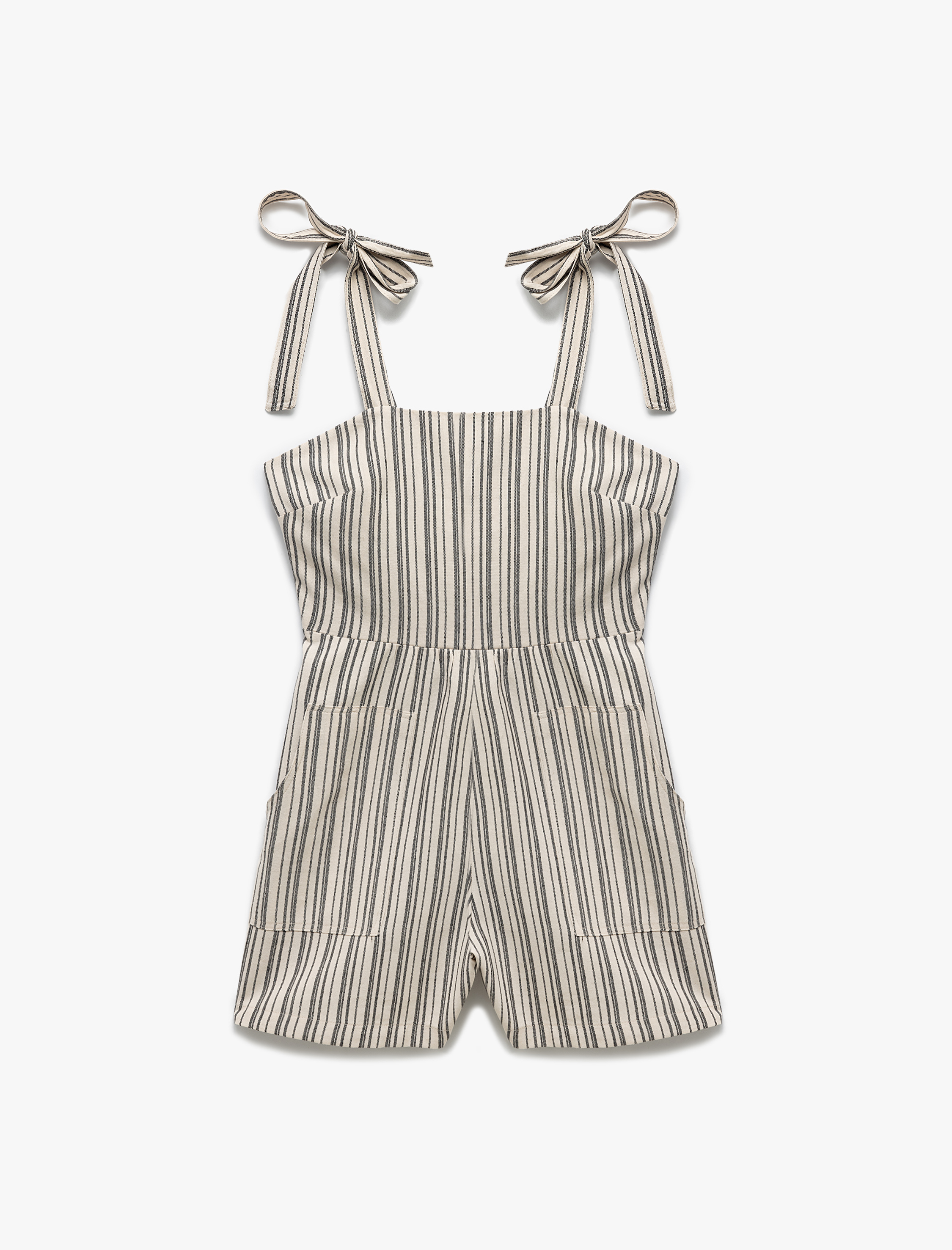   Viskon Karışımlı Sırt Detaylı Cepli Çizgili Mini Salopet Tulum