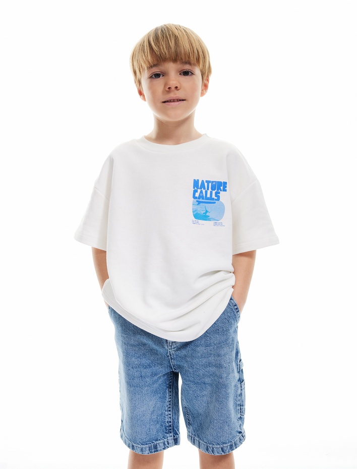 Erkek Çocuk Slogan Baskılı Bisiklet Yaka Pamuklu Oversize Tişört