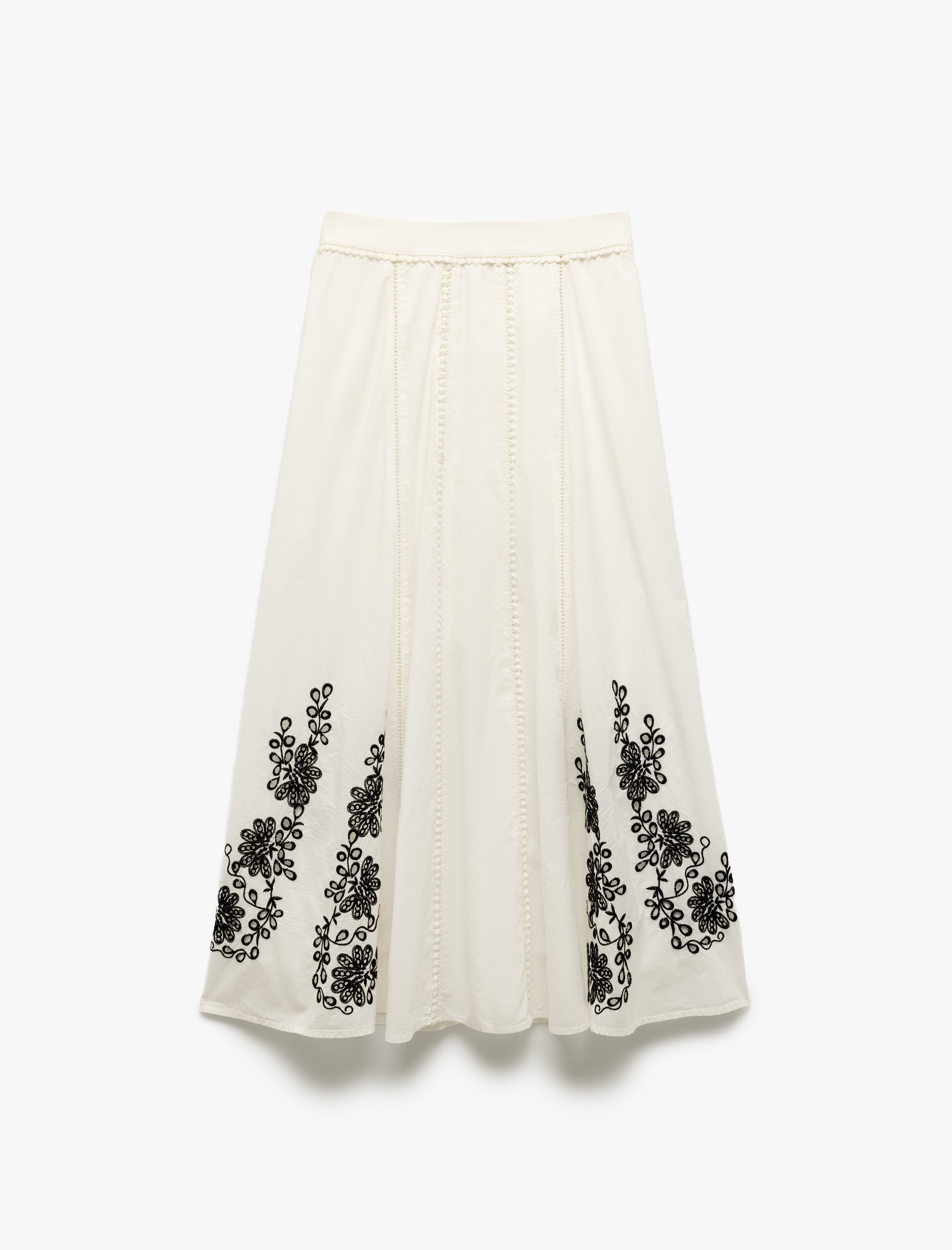   Pamuklu Astarlı Nakış Detaylı Uzun Kloş Etek
