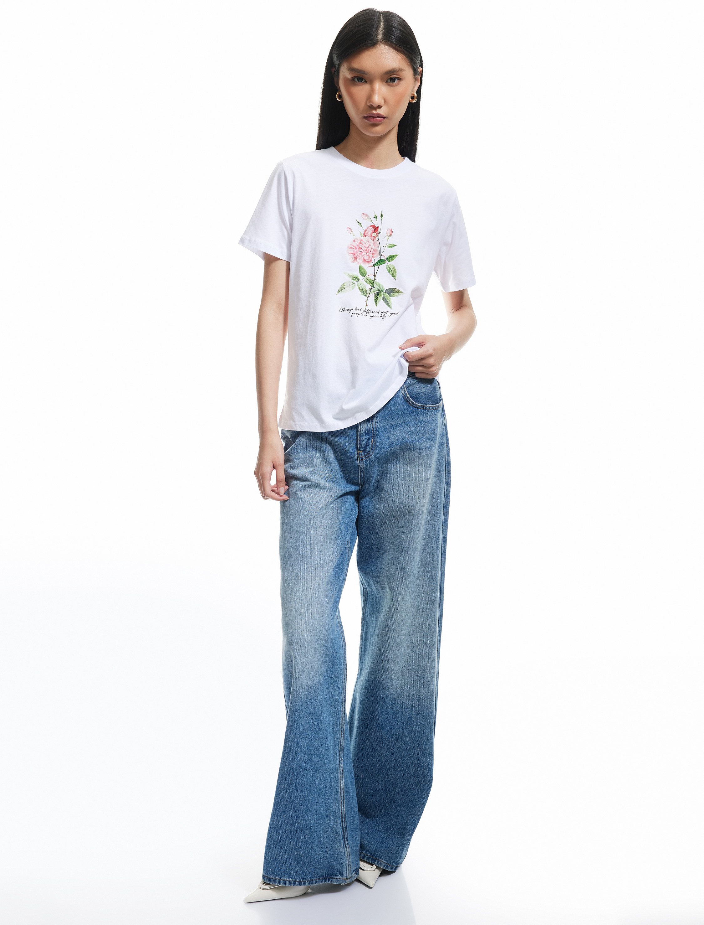   Pamuklu Kısa Kollu Bisiklet Yaka Çiçek Baskılı Tişört