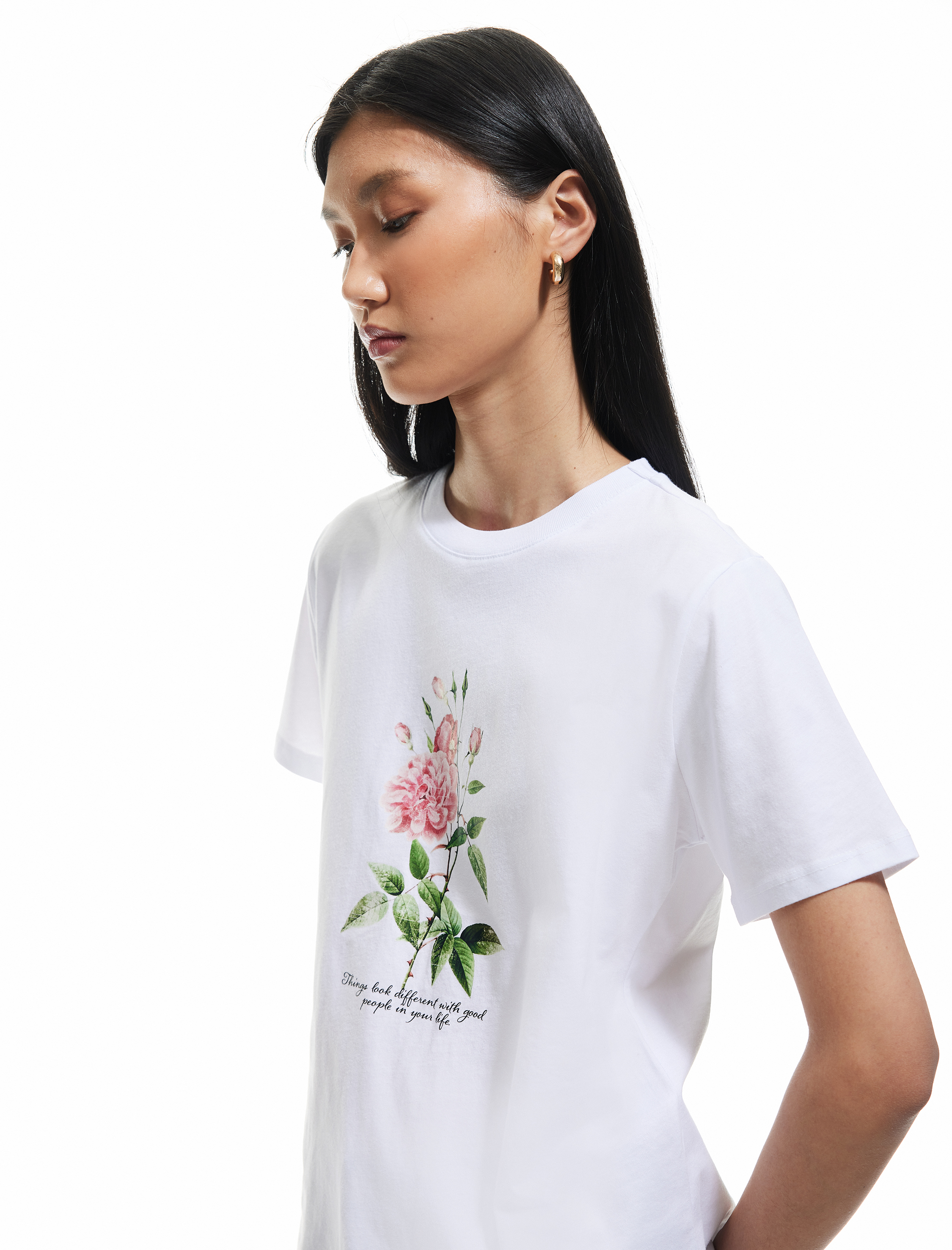  Pamuklu Kısa Kollu Bisiklet Yaka Çiçek Baskılı Tişört
