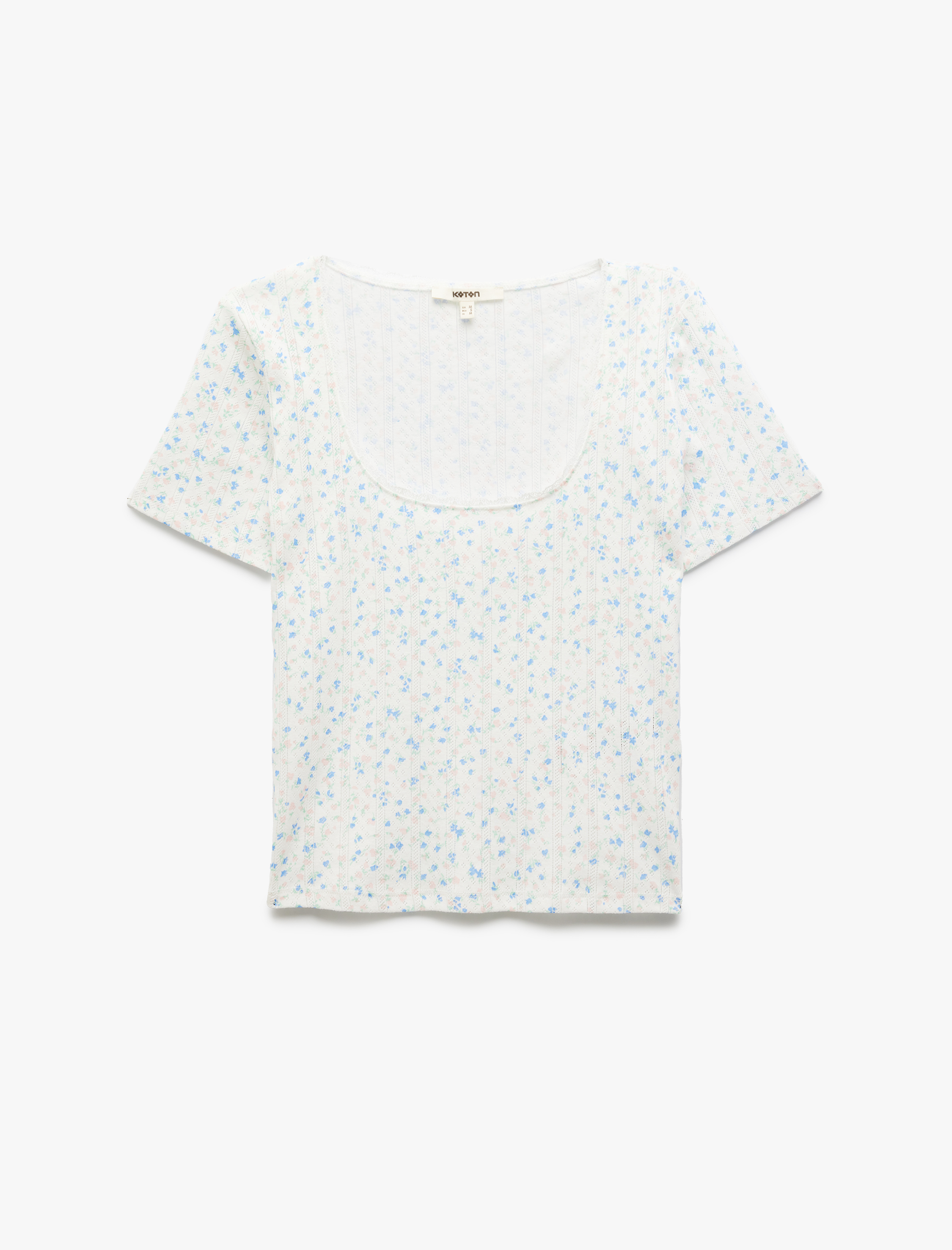   Pamuklu Slim Fit Ribanalı U Yaka Kısa Kollu Çiçekli Tişört