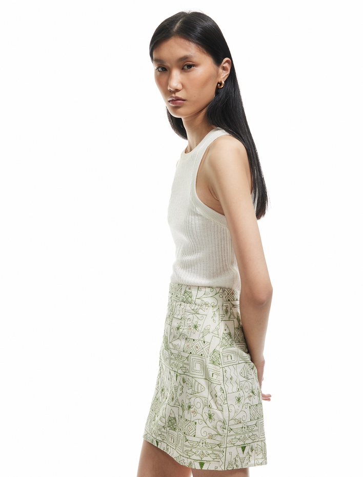  Slim Fit Pamuklu Fistolu Brodeli Taş İşlemeli Balık Desenli Mini Etek