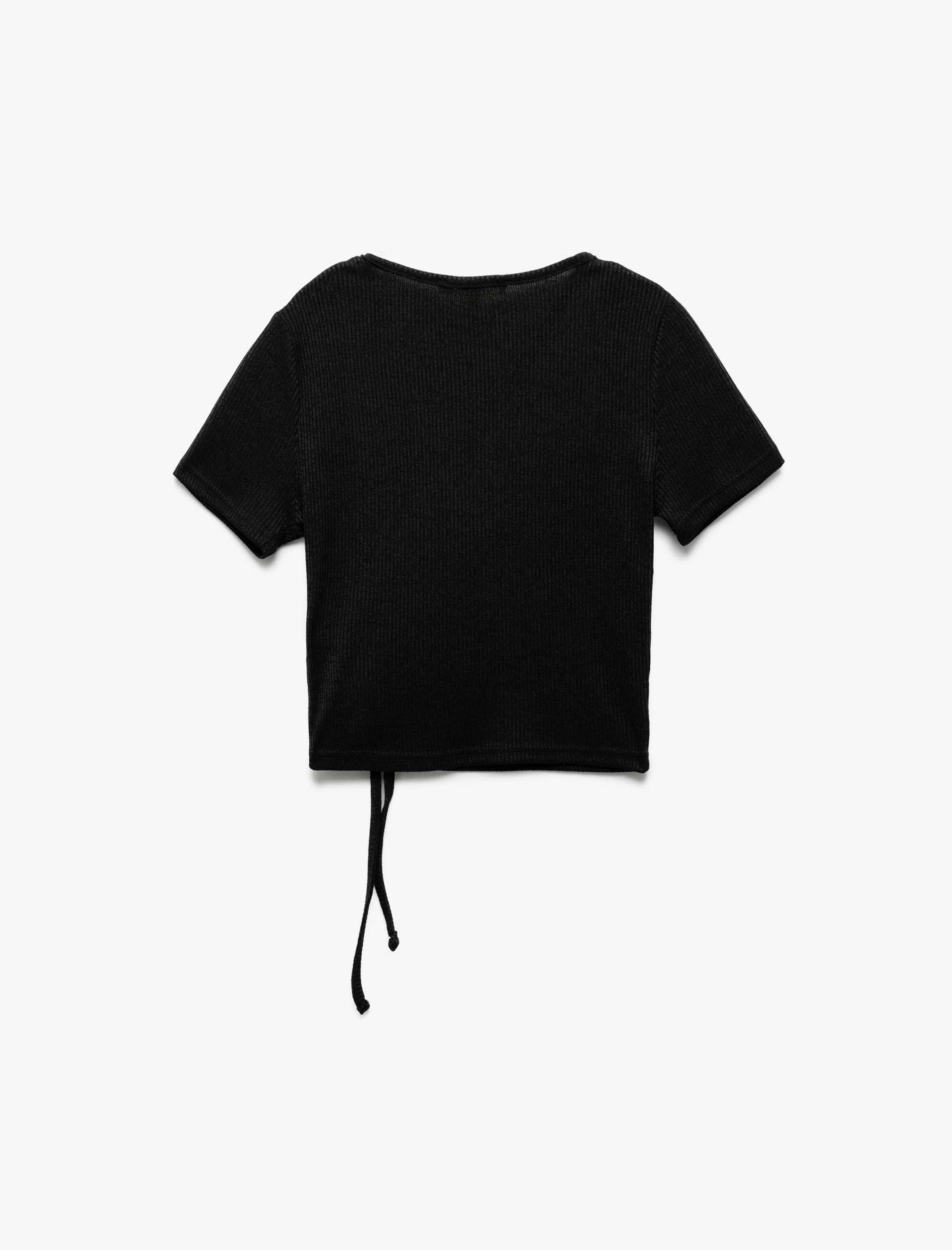 Slim Fit Büzgülü Bağlama Detaylı Kısa Kollu Kare Yaka Fitilli Crop Tişört