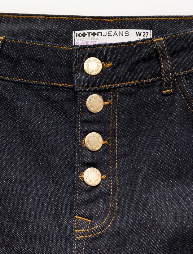 Yüksek Bel Düğmeli Dar Kesim İspanyol Paça Jean Pantolon - Flare Jeans_5