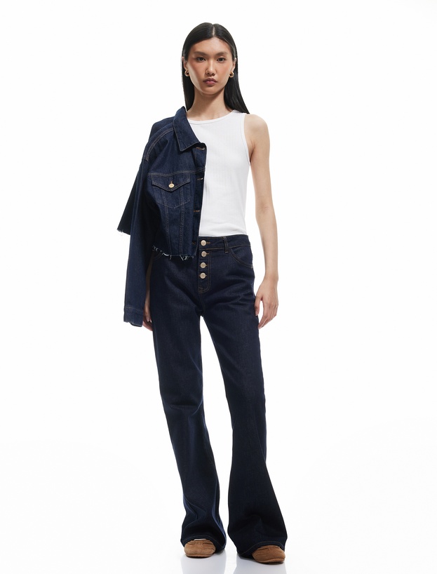 Yüksek Bel Düğmeli Dar Kesim İspanyol Paça Jean Pantolon - Flare Jeans_0