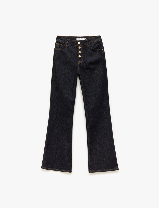 Yüksek Bel Düğmeli Dar Kesim İspanyol Paça Jean Pantolon - Flare Jeans_3