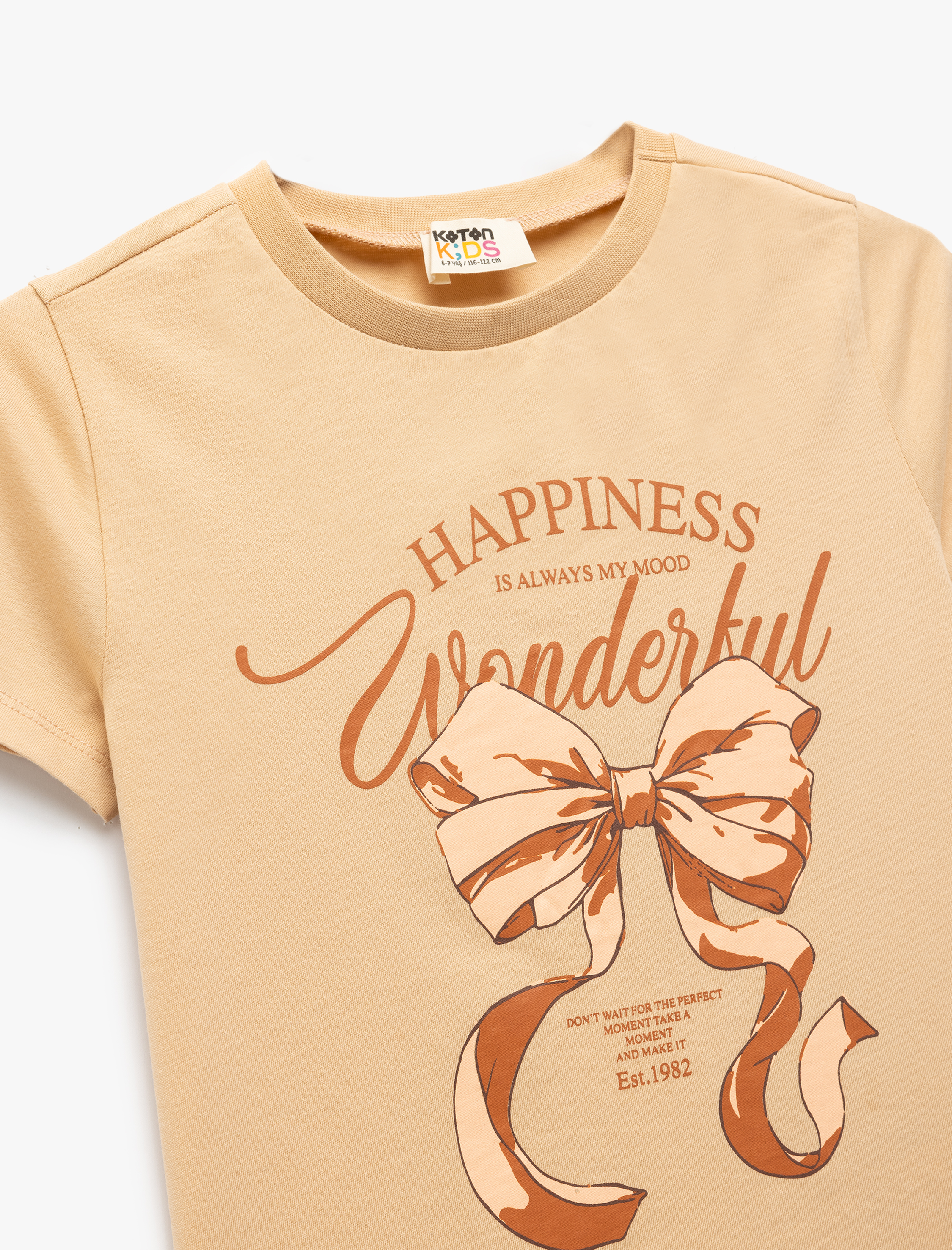  Kız Çocuk Pamuklu Kısa Kollu Bisiklet Yaka Fiyonk Baskılı Tişört