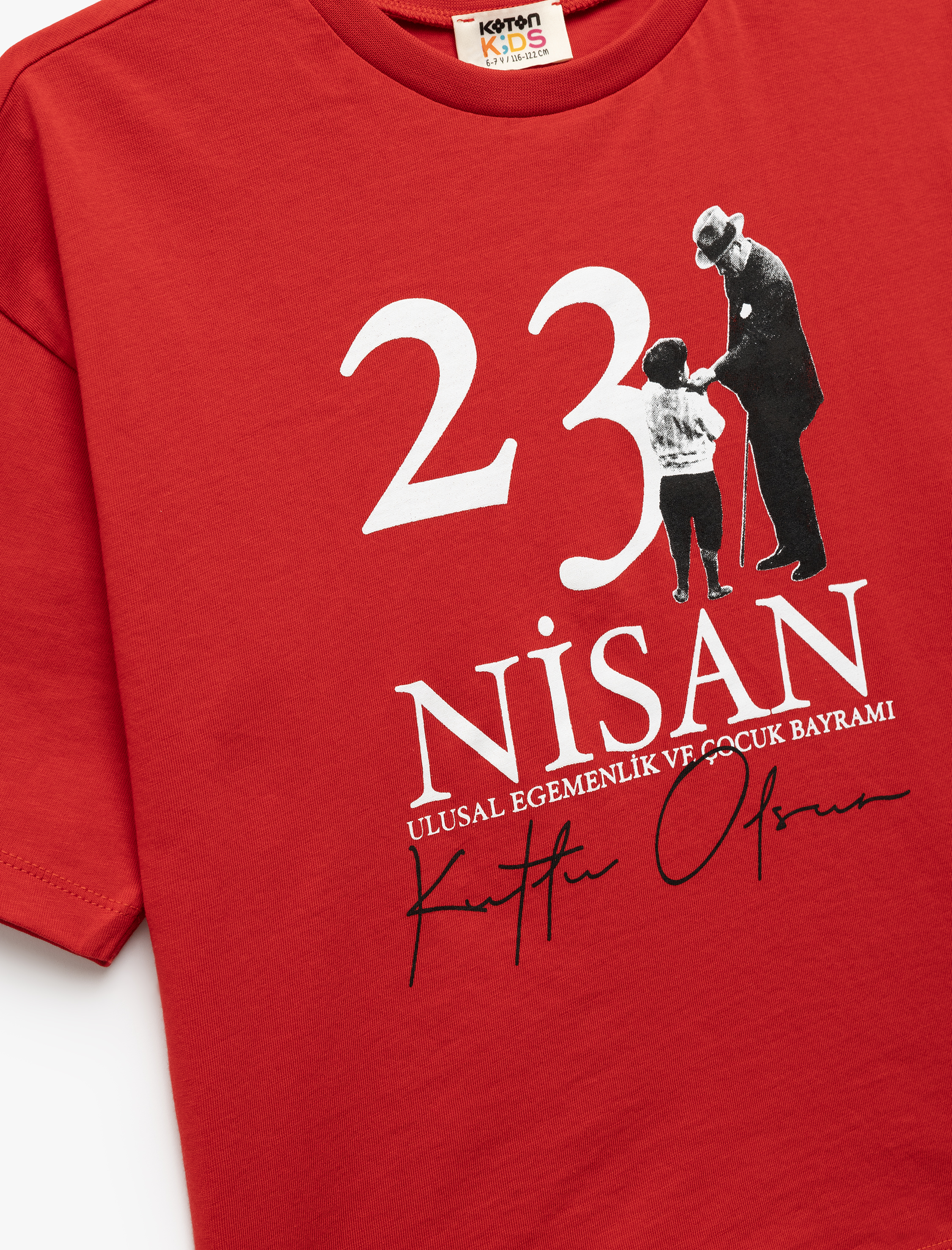  Kız Çocuk Pamuklu Kısa Kollu Bisiklet Yaka 23 Nisan ve Atatürk Baskılı Tişört
