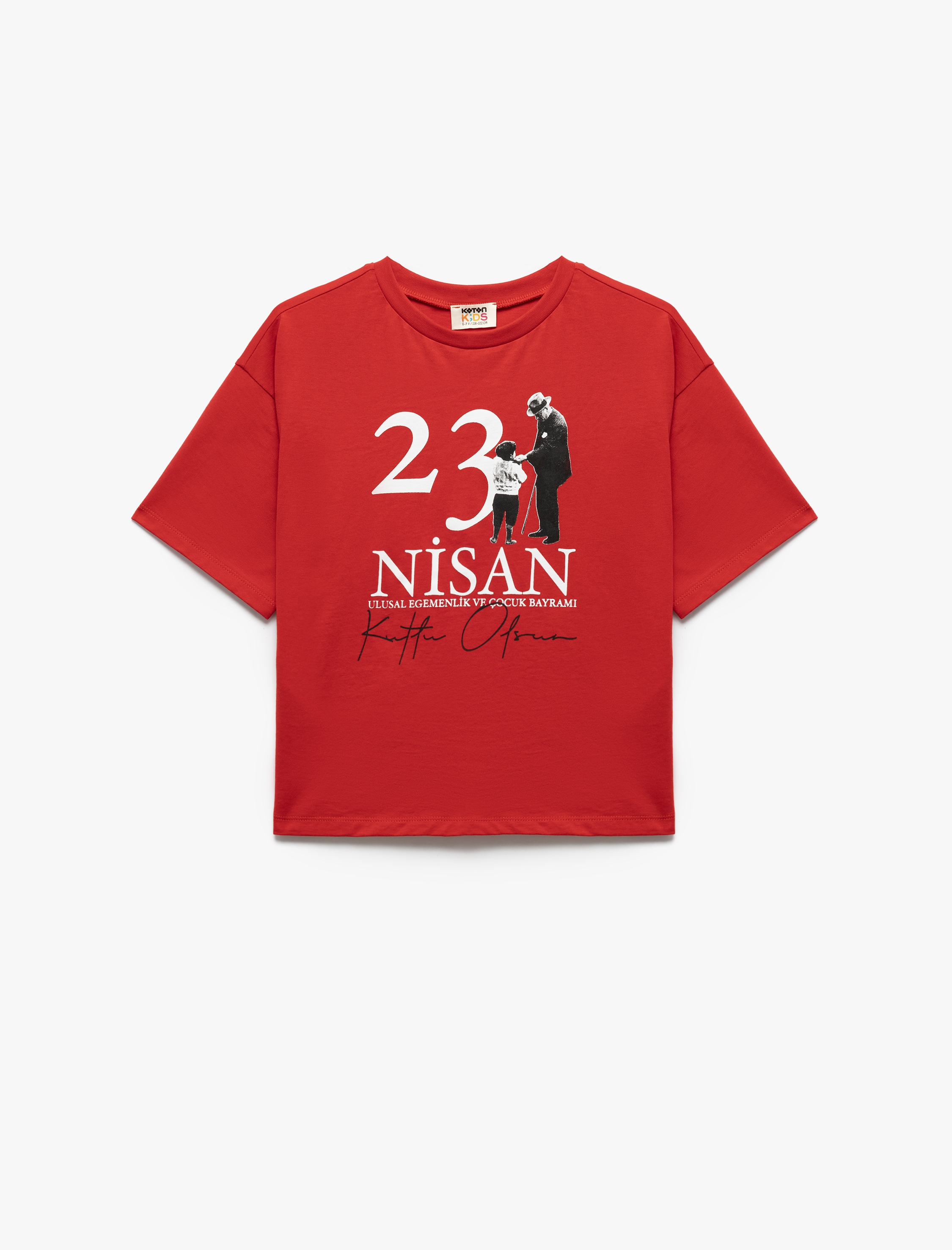  Kız Çocuk Pamuklu Kısa Kollu Bisiklet Yaka 23 Nisan ve Atatürk Baskılı Tişört