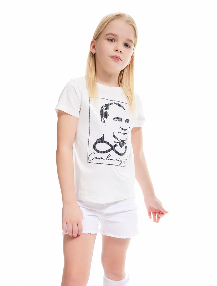 Kız Çocuk Pamuklu Kısa Kollu Bisiklet Yaka Atatürklü Tişört