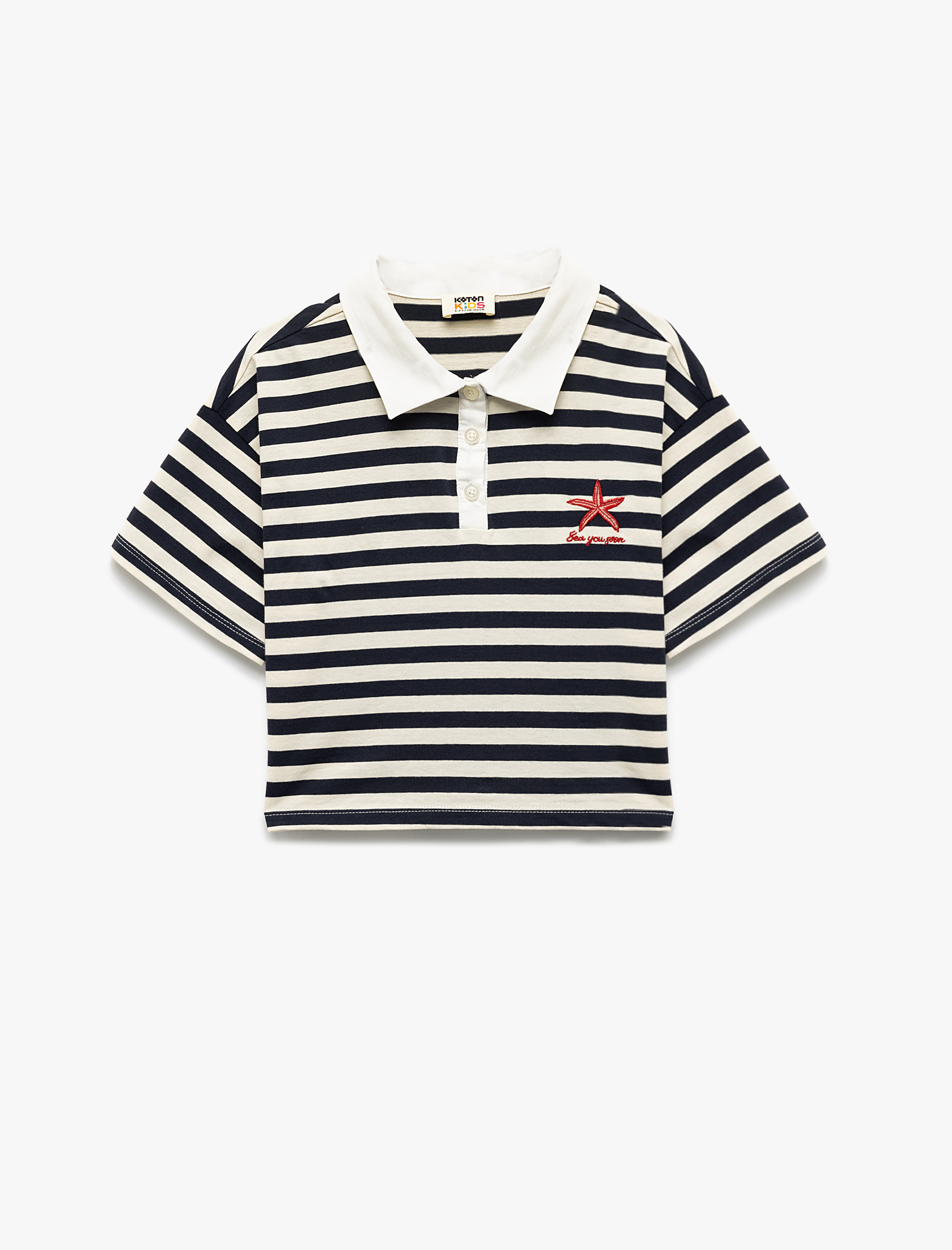  Kız Çocuk Pamuklu Oversize İşleme Detaylı Kısa Kollu Çizgili Gömlek Yaka Crop Tişört