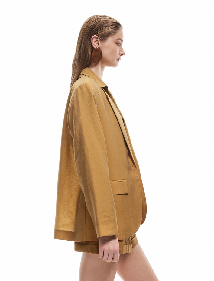  Uzun Kollu Kapaklı Cep Detaylı Kruvaze Blazer Ceket