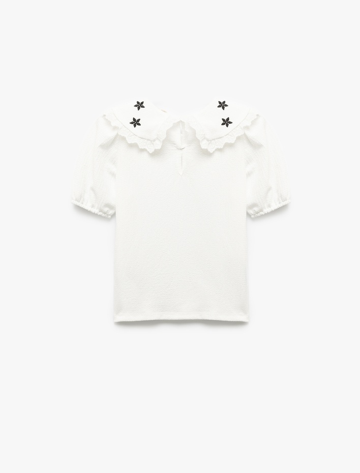 Kız Çocuk Kısa Kollu Çiçek İşlemeli Bürümcük Bebe Yaka Bluz