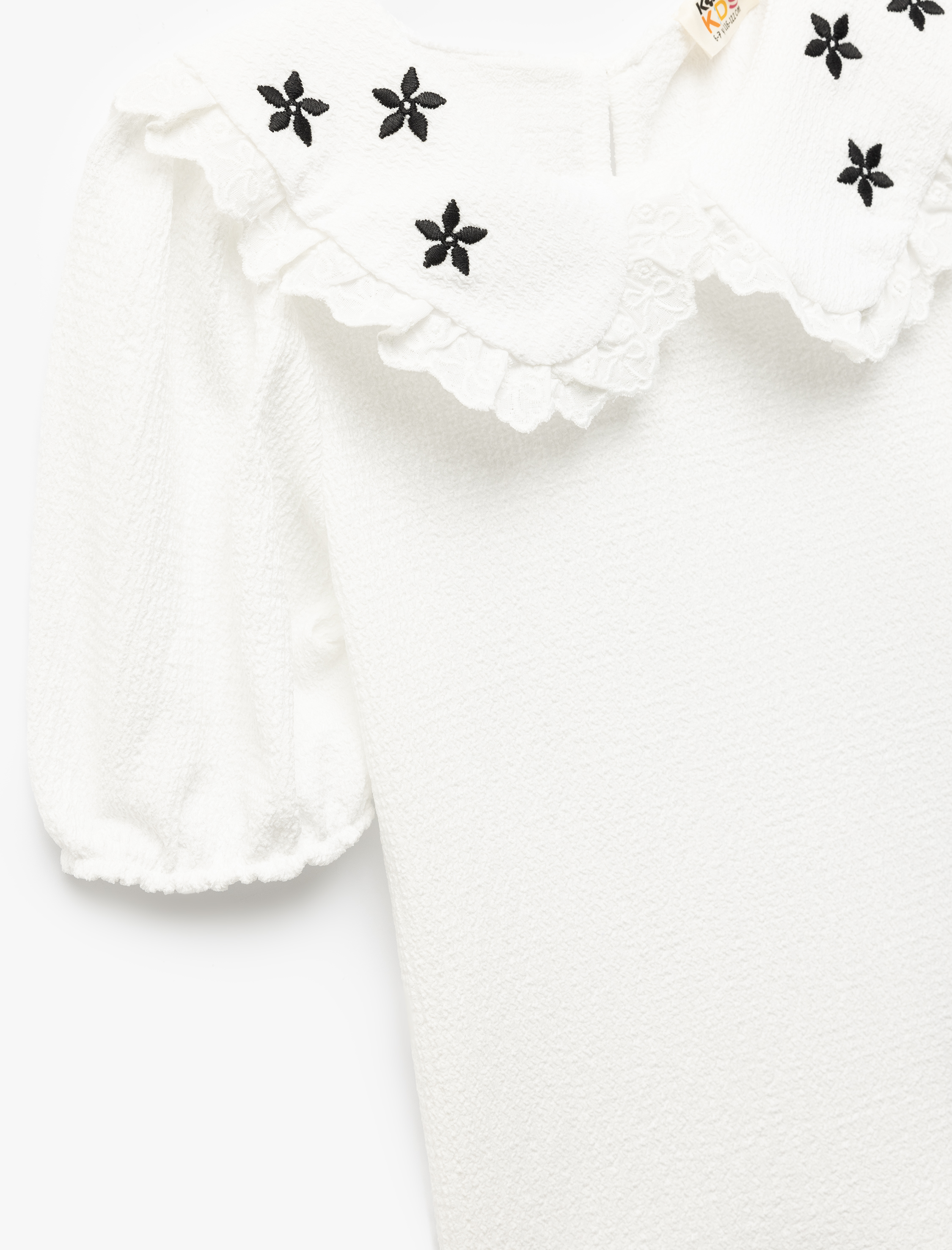  Kız Çocuk Kısa Kollu Çiçek İşlemeli Bürümcük Bebe Yaka Bluz