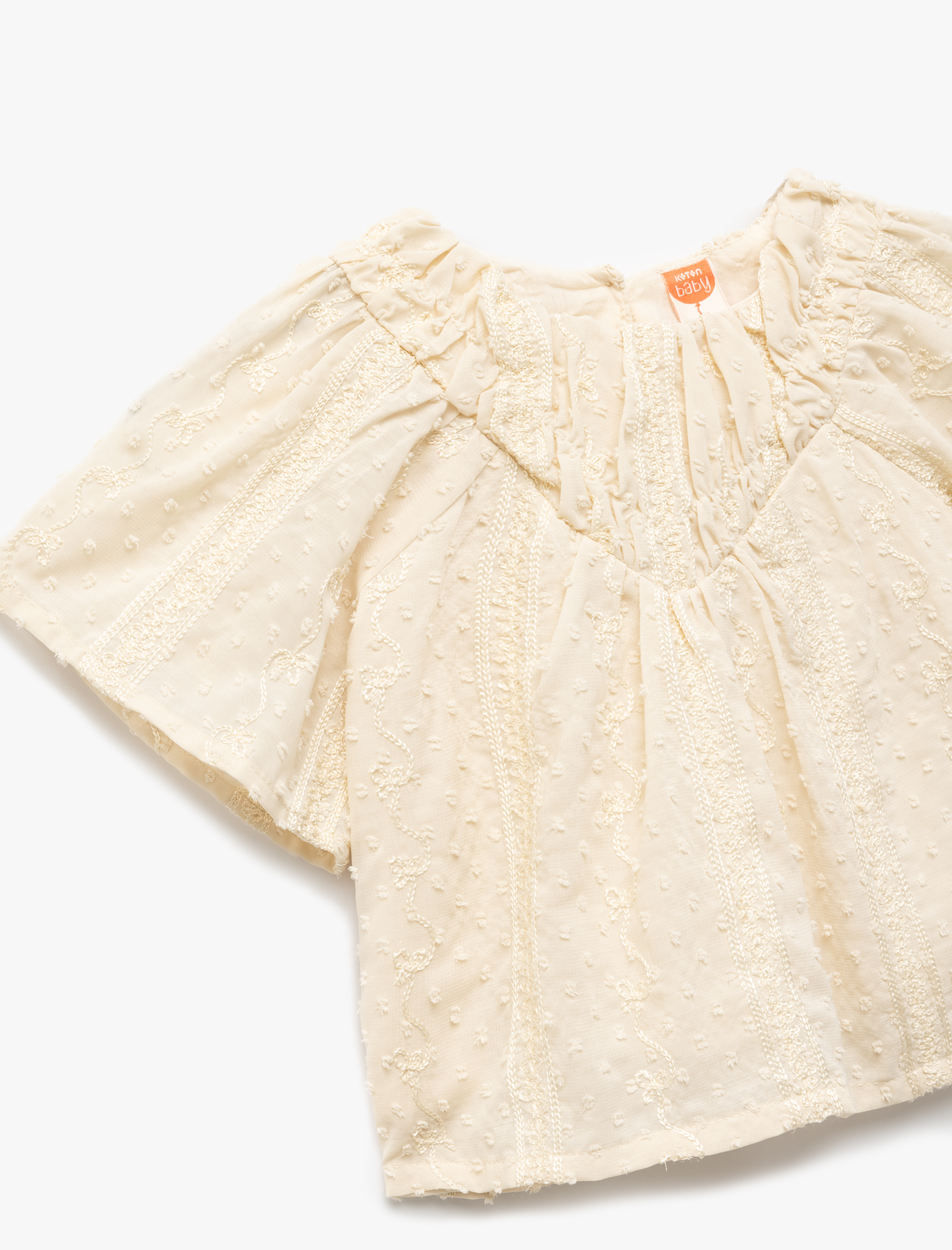  Kız Bebek Kısa Kollu Balon Kol Dokulu Büzgülü Yaka Bluz