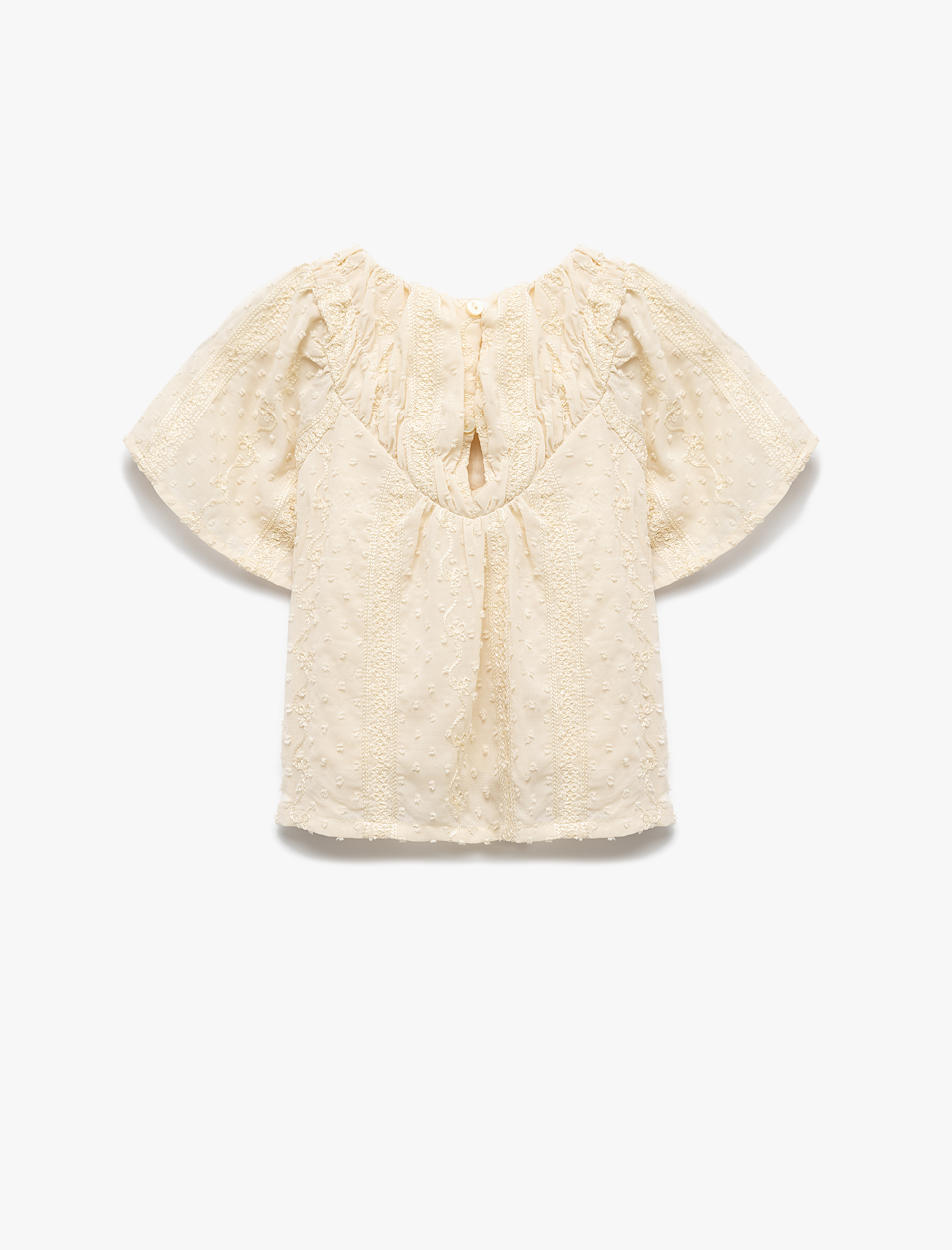  Kız Bebek Kısa Kollu Balon Kol Dokulu Büzgülü Yaka Bluz
