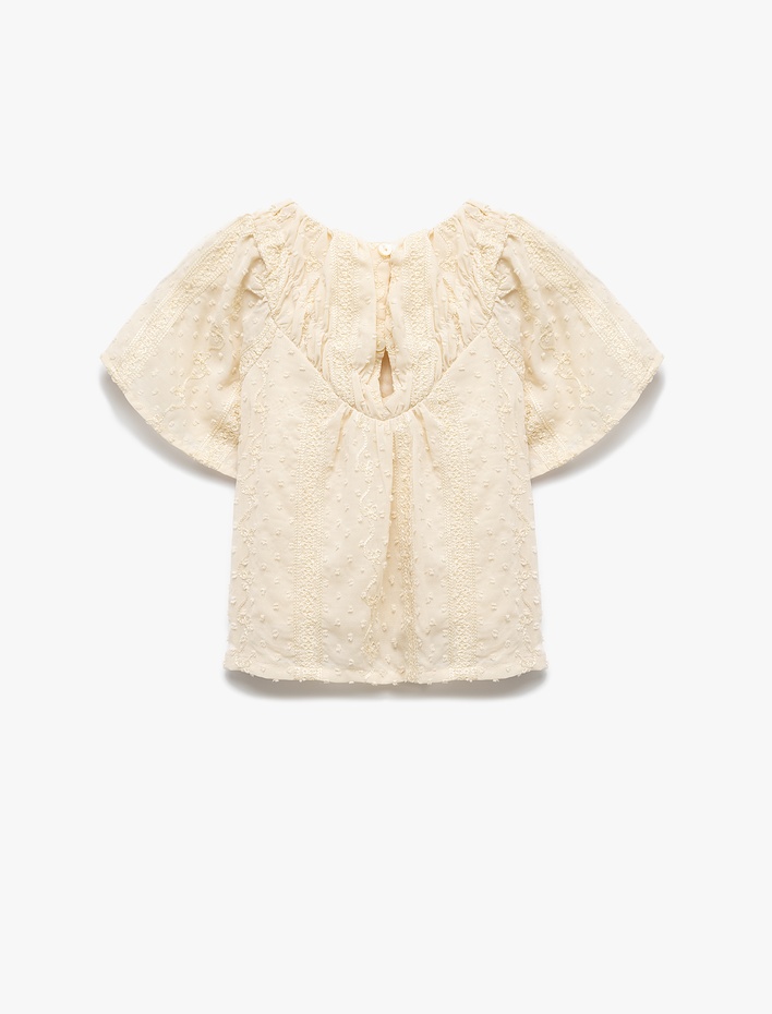 Kız Bebek Kısa Kollu Balon Kol Dokulu Büzgülü Yaka Bluz