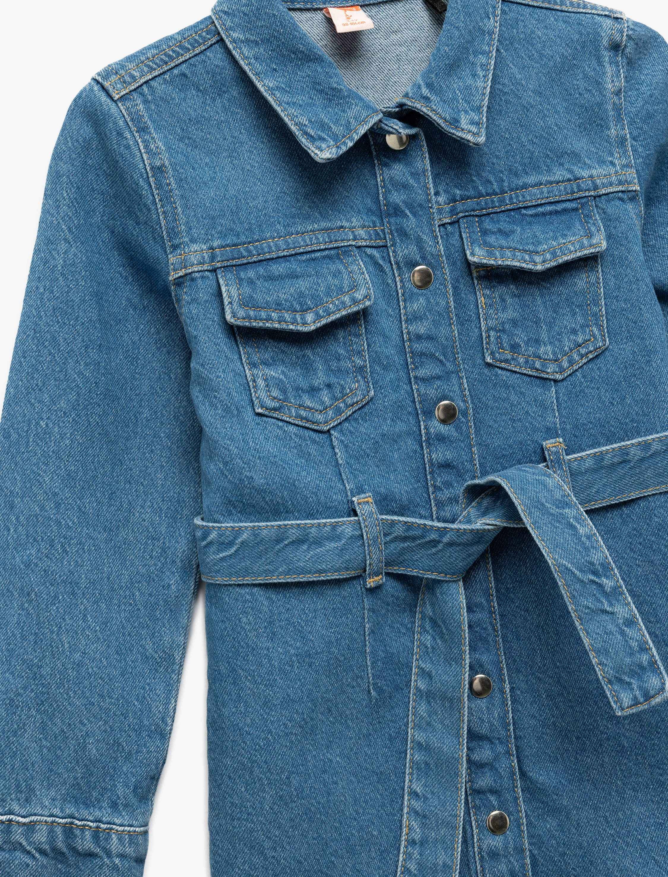  Kız Bebek Pamuklu Uzun Kollu Kemer Detaylı Cepli Düğmeli A Kesim Mini Denim Elbise