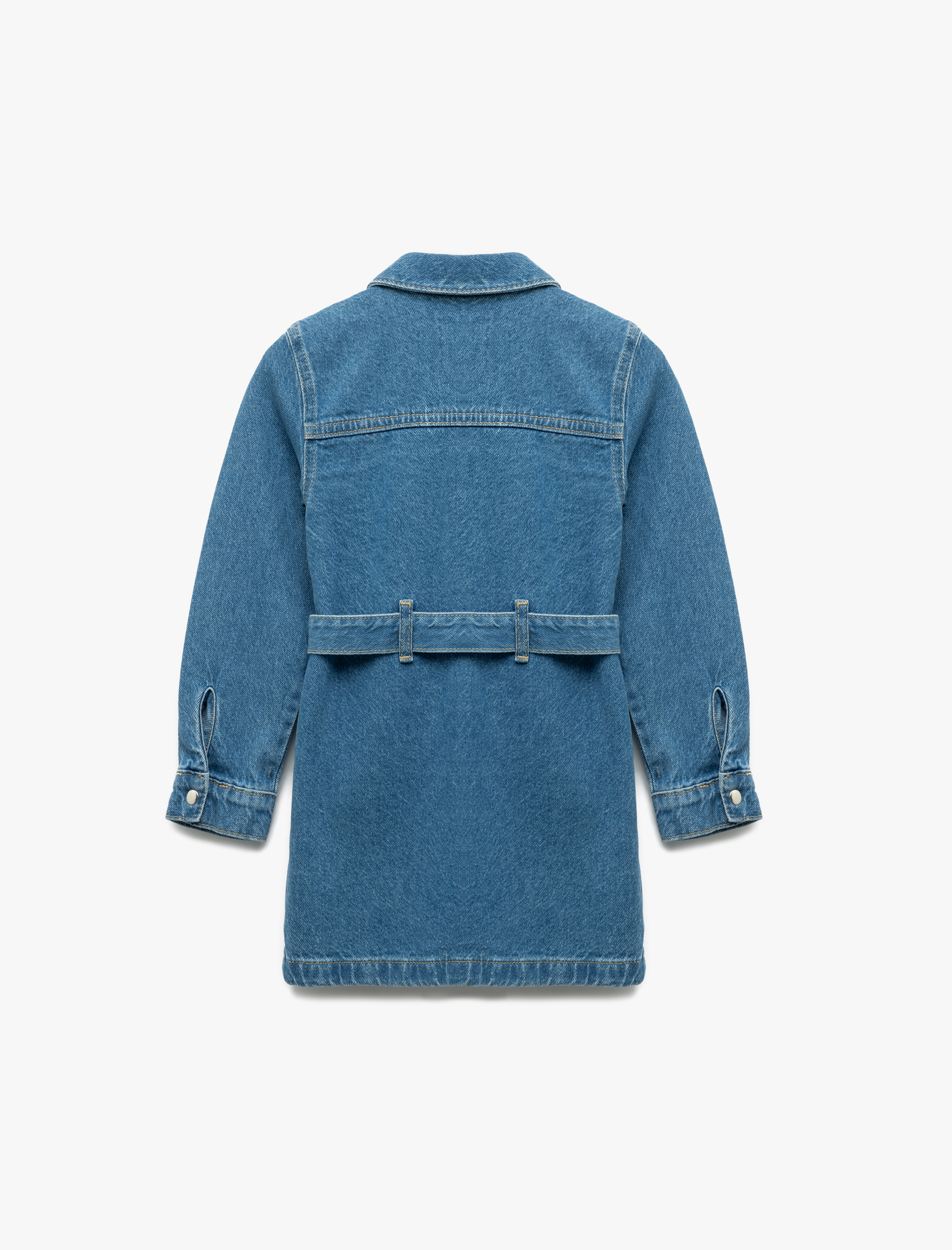  Kız Bebek Pamuklu Uzun Kollu Kemer Detaylı Cepli Düğmeli A Kesim Mini Denim Elbise