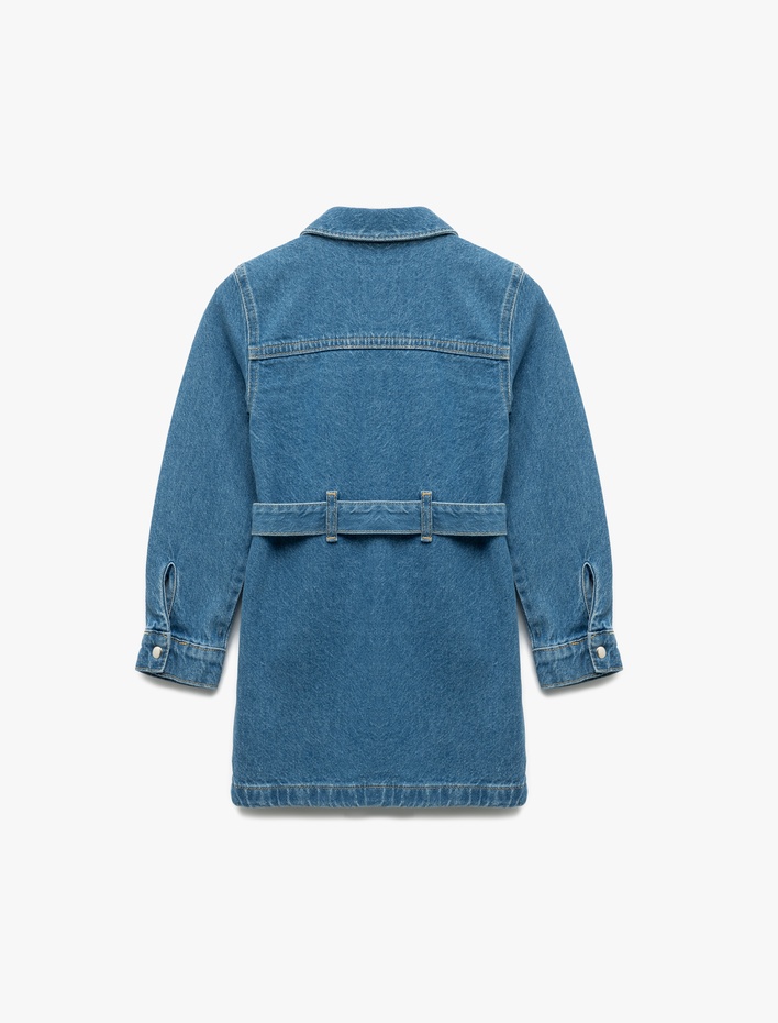 Kız Bebek Pamuklu Uzun Kollu Kemer Detaylı Cepli Düğmeli A Kesim Mini Denim Elbise