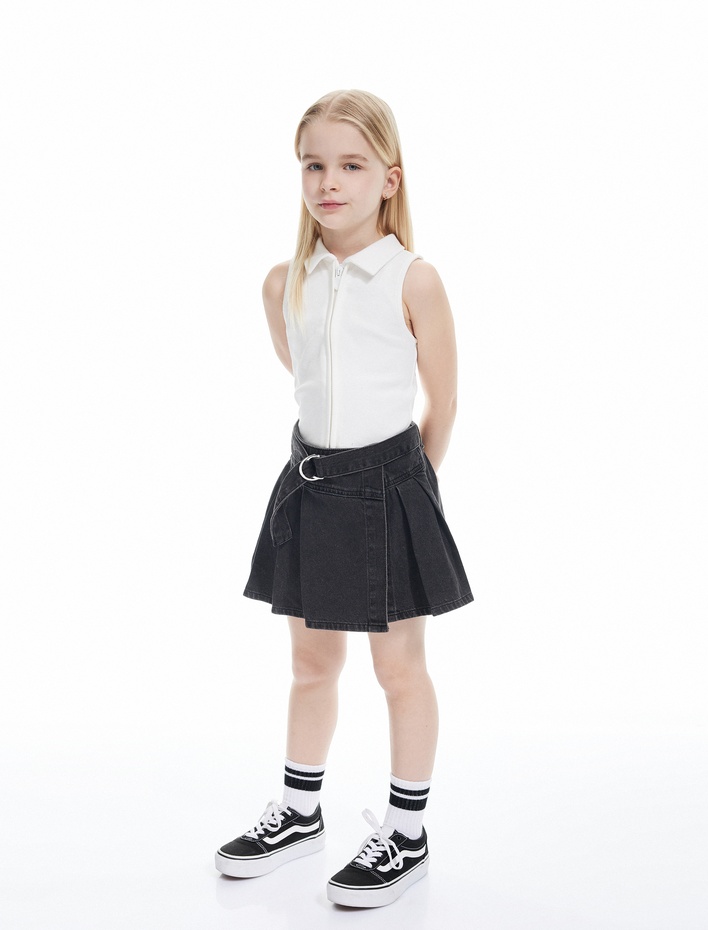 Kız Çocuk Pamuklu Fermuarlı Dar Kesim Gömlek Yaka Kolsuz Crop Atlet