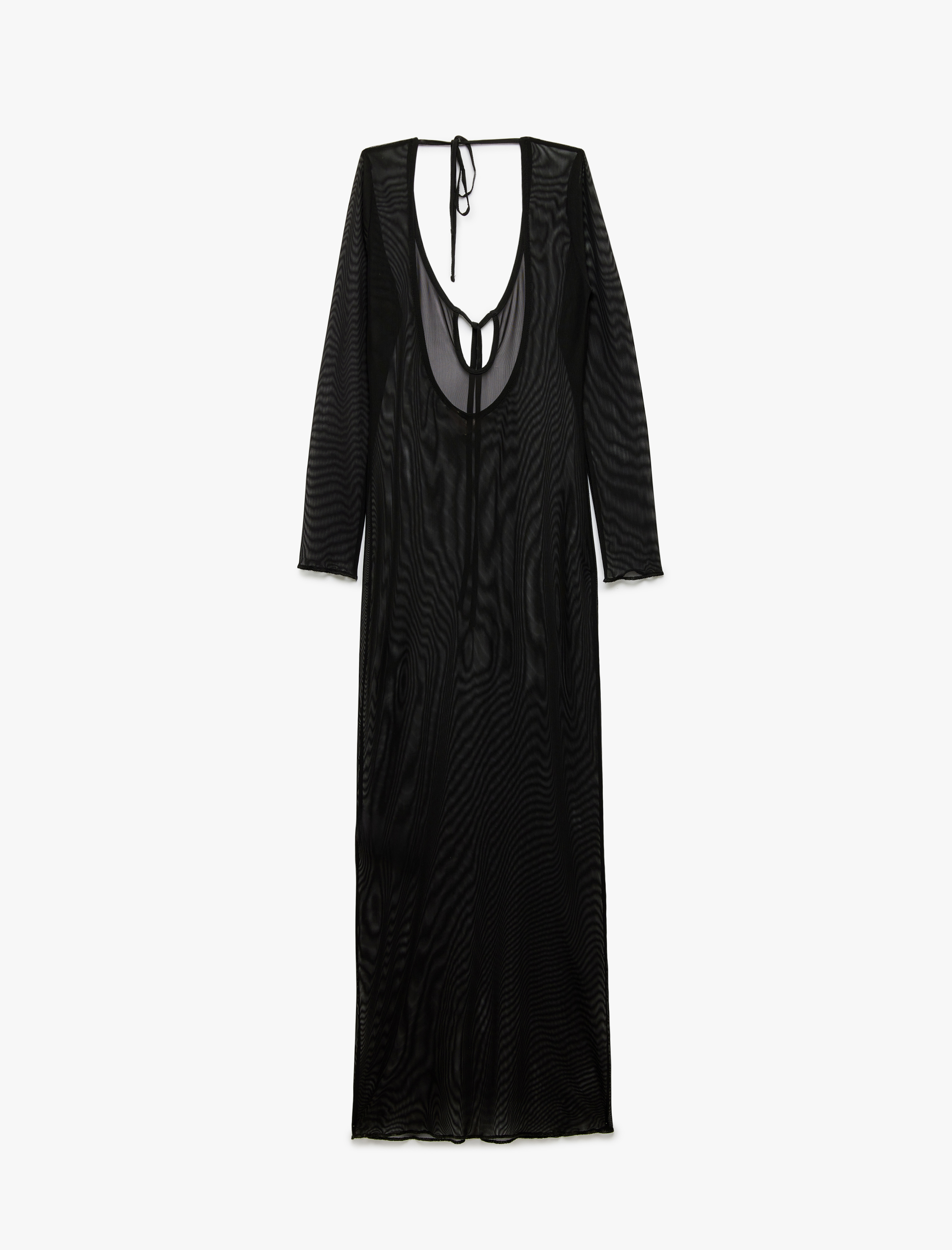   Derin V Yaka Bağlamalı Transparan Uzun Tül Plaj Elbisesi