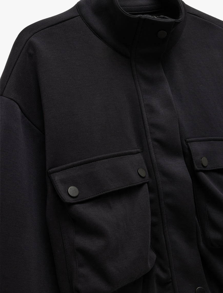   Bomber Ceket Crop Kalın Modal Kumaş Düğmeli Cep Detaylı