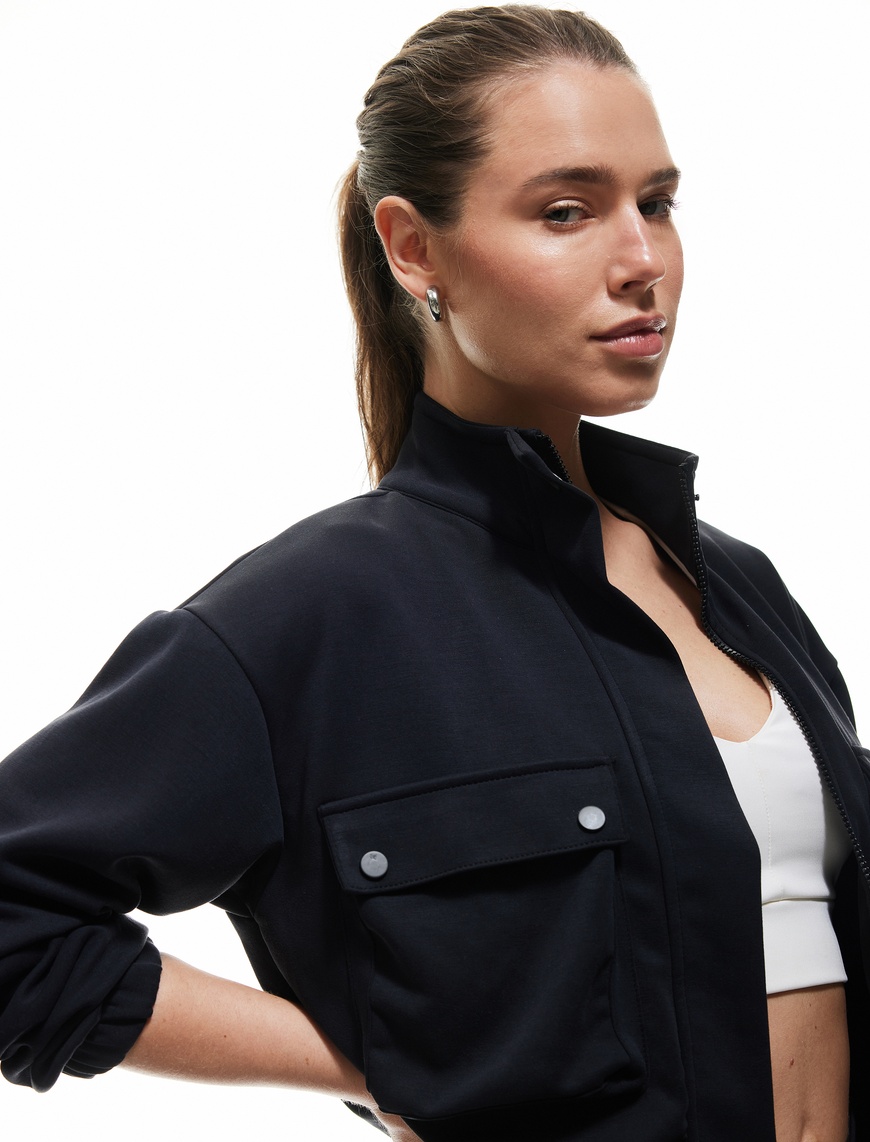   Bomber Ceket Crop Kalın Modal Kumaş Düğmeli Cep Detaylı