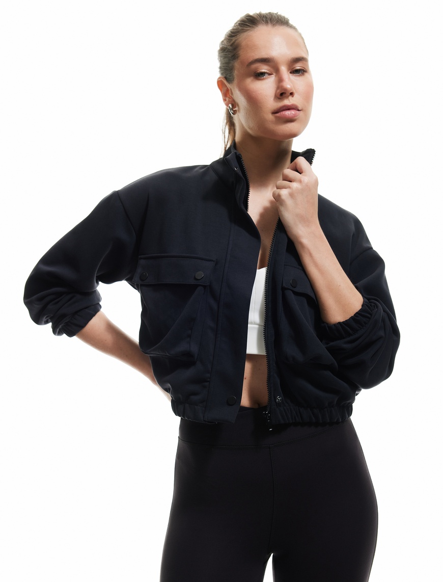   Bomber Ceket Crop Kalın Modal Kumaş Düğmeli Cep Detaylı