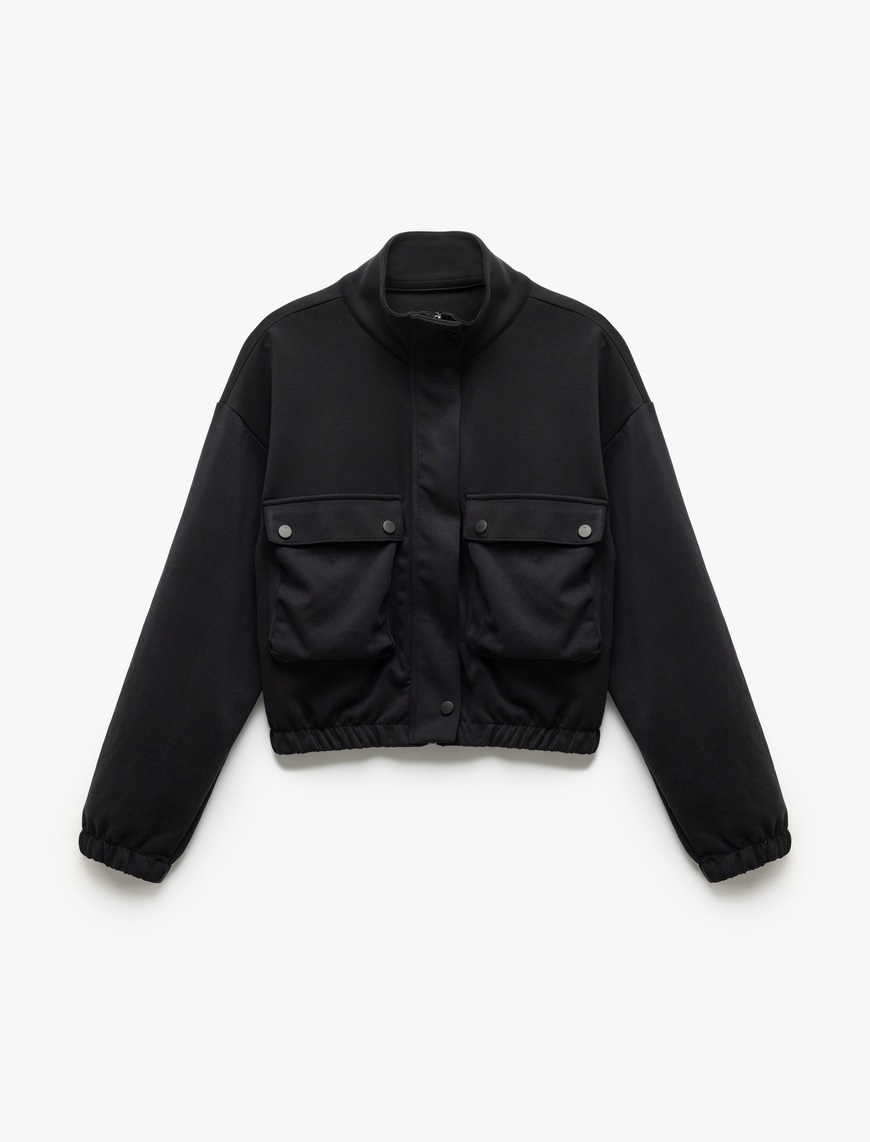   Bomber Ceket Crop Kalın Modal Kumaş Düğmeli Cep Detaylı