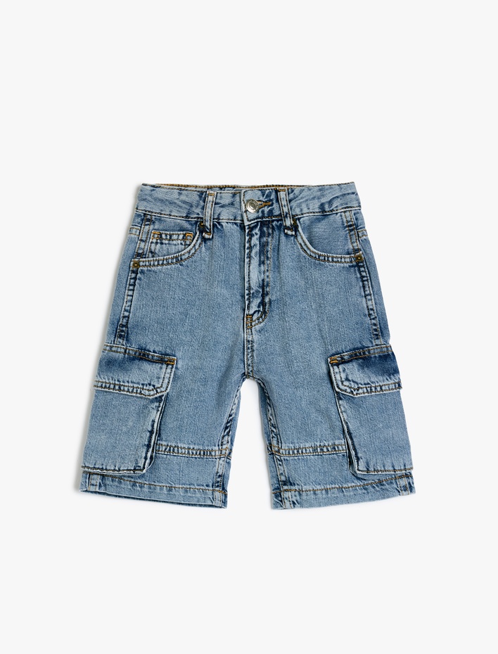Erkek Çocuk Kapaklı Cep Detaylı Pamuklu Oversize Denim Şort