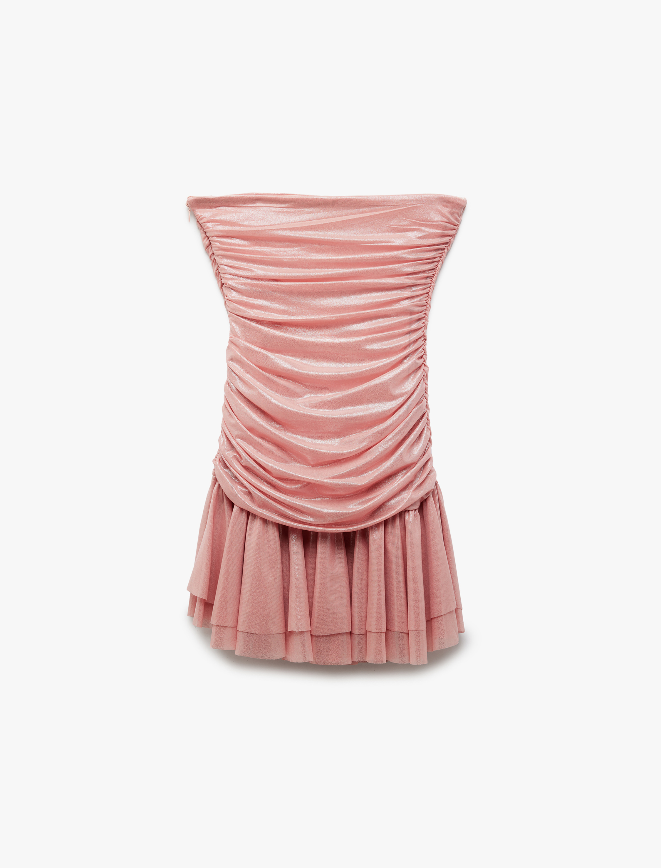 Drape Detaylı Kolsuz Straplez Volanlı Mini Abiye Elbise