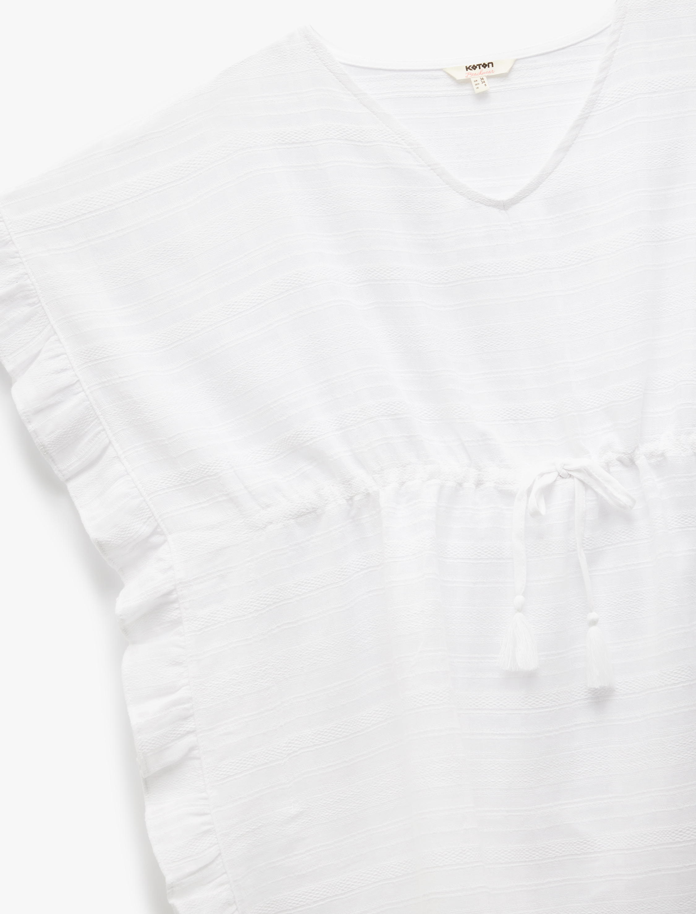 Pamuklu Fırfır Detaylı Bağlamalı Yarasa Kol Müslin Mini Plaj Elbisesi