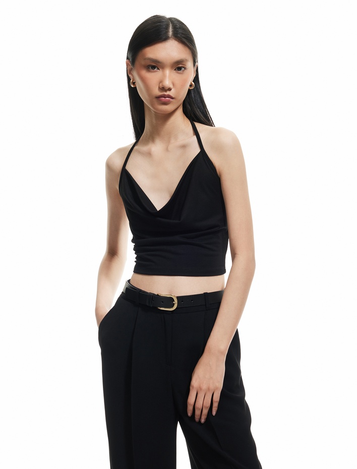  Slim Fit Boyundan Bağlamalı Crop Degaje Yaka Bluz