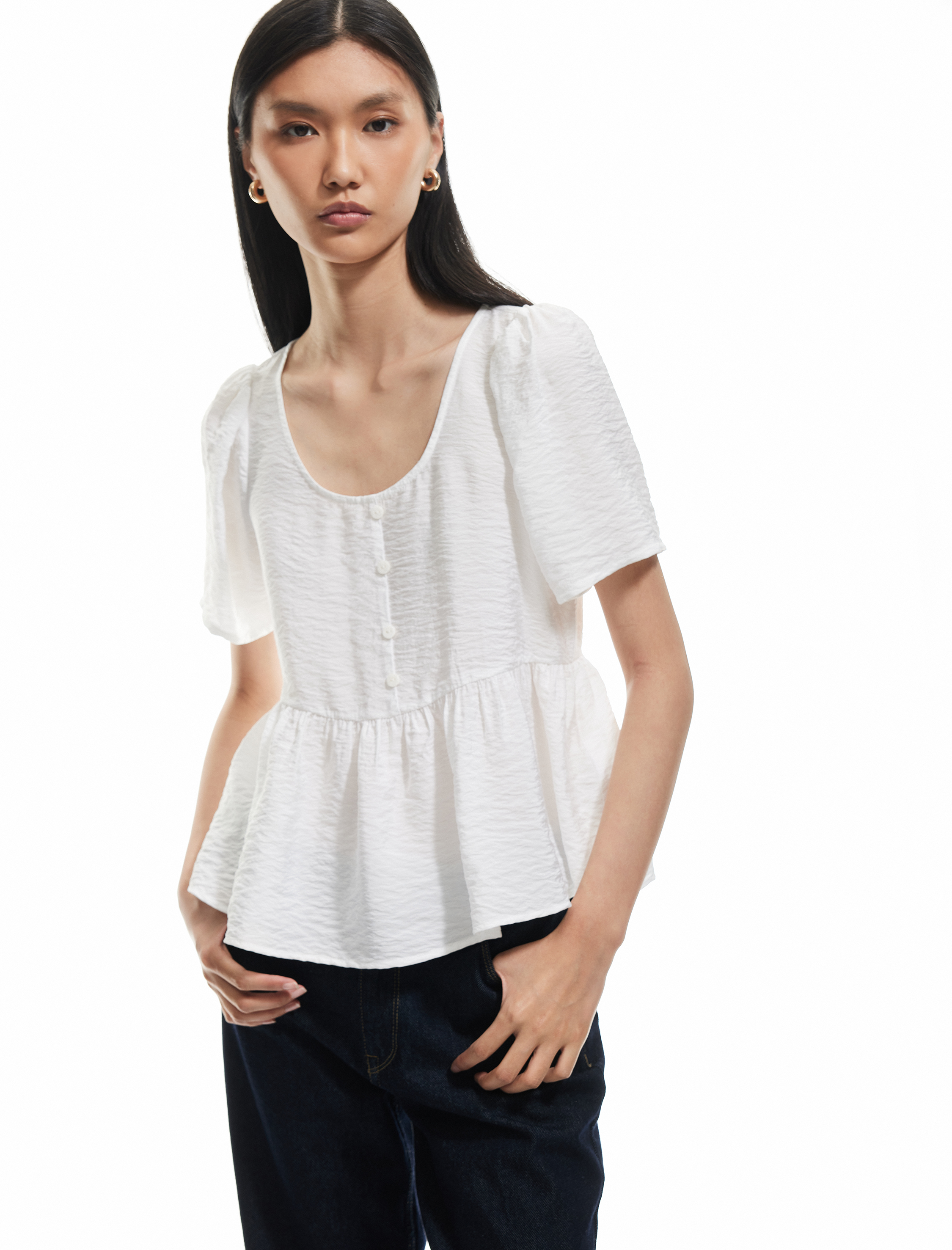   Viskon Kumaş Düğmeli Bisiklet Yaka Kısa Kollu Peplum Bluz